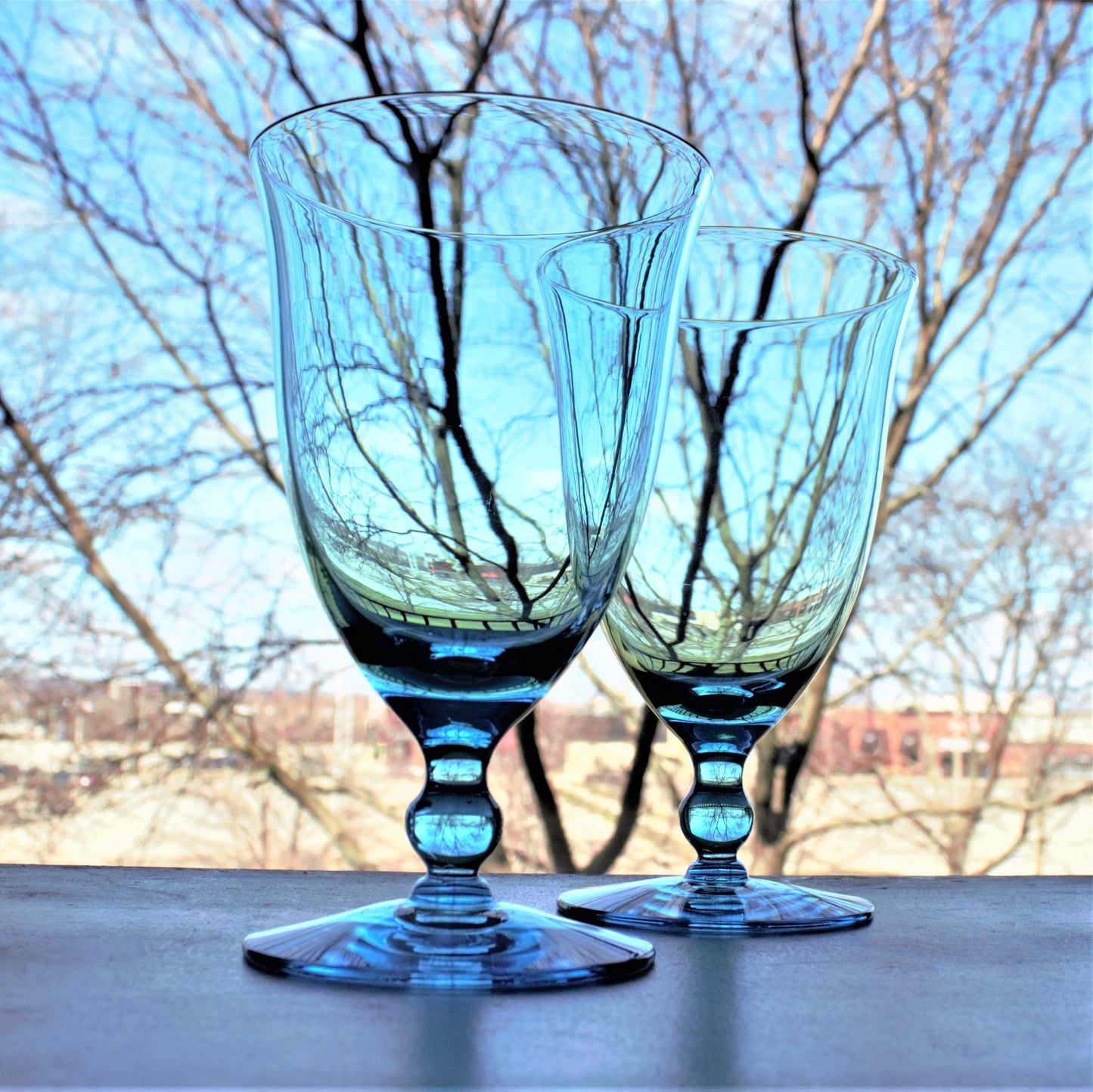 Vintage Capri Blue Water Goblets: Set of 2 Teal Stemware, cocktail glasses