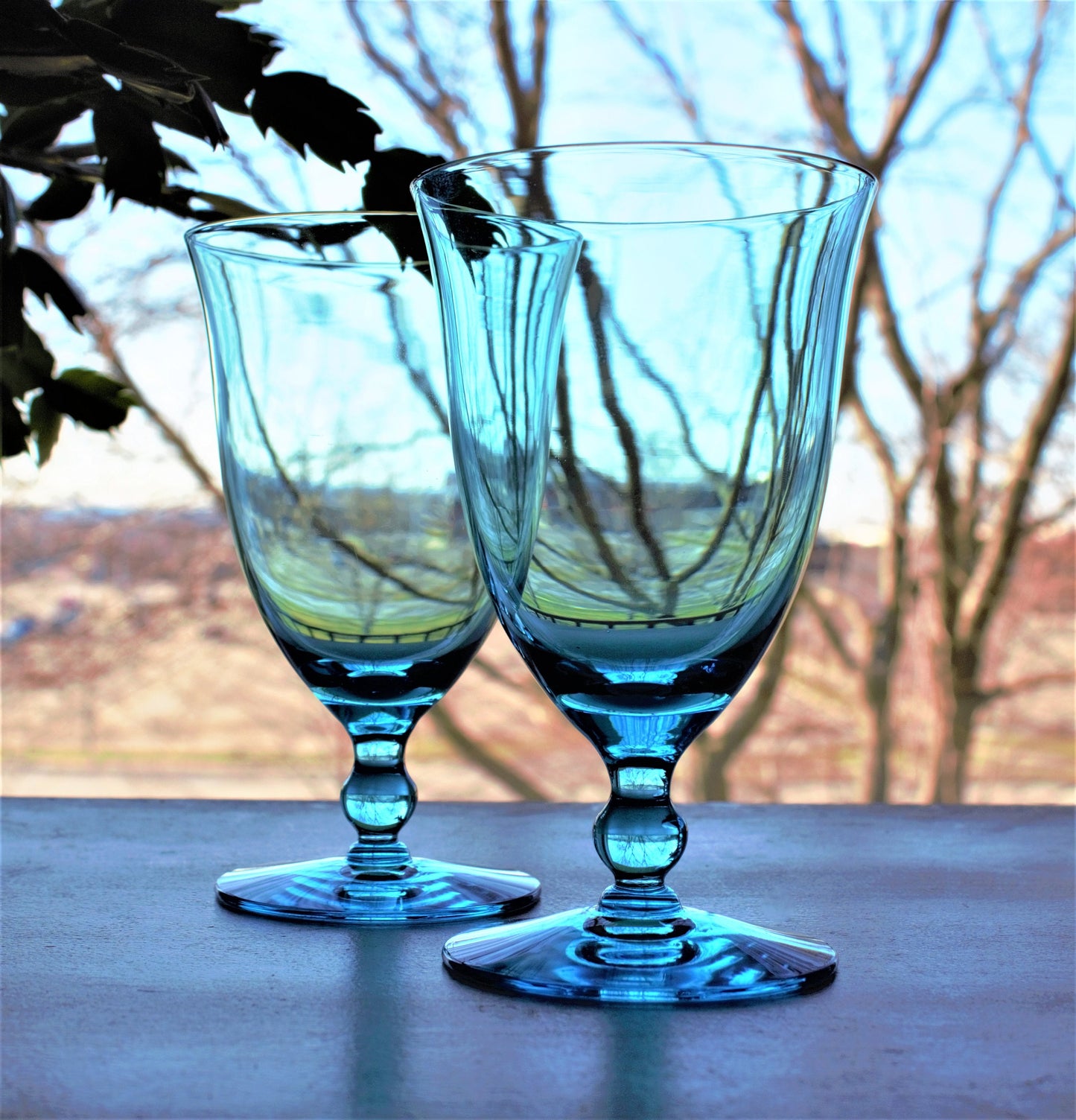 Vintage Capri Blue Water Goblets: Set of 2 Teal Stemware, cocktail glasses
