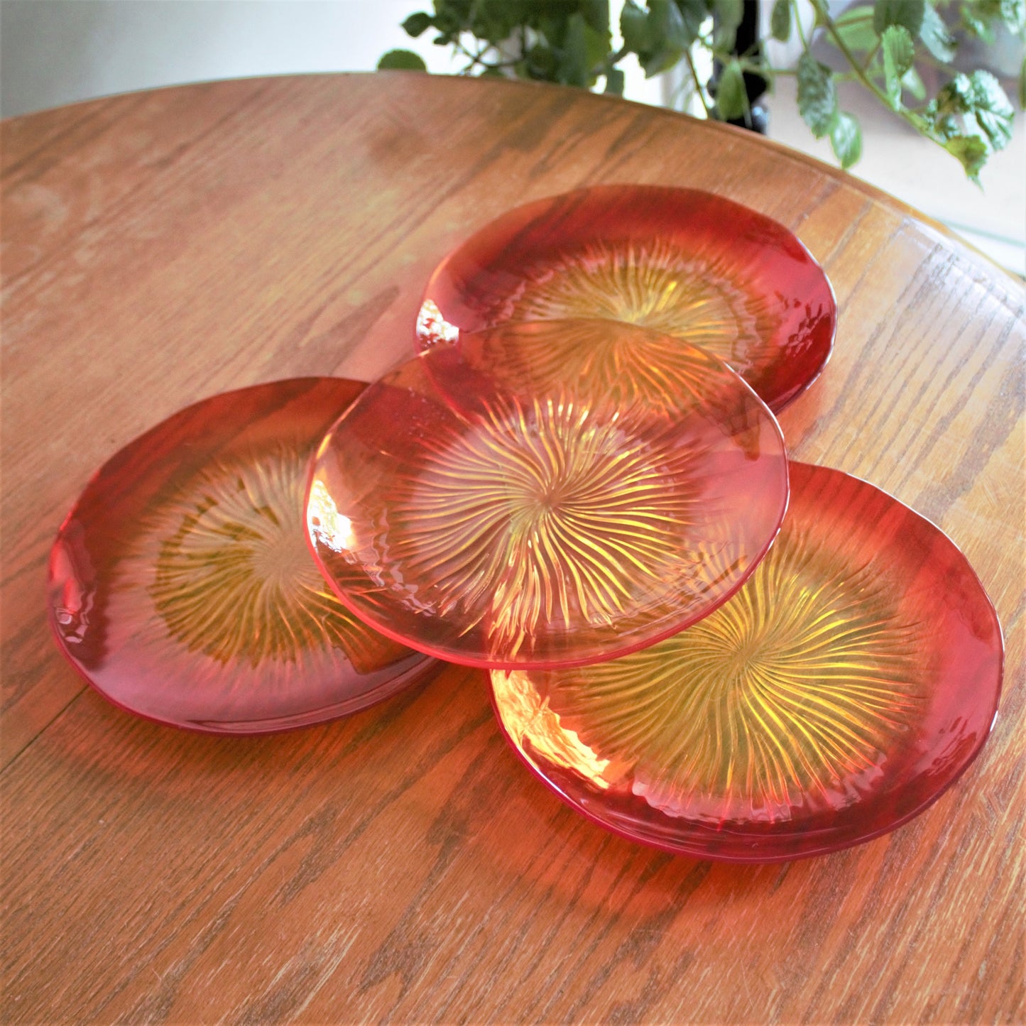 Orange Sunburst Glass Plate Set, Swirl Design, 8.5" (Set of 4)