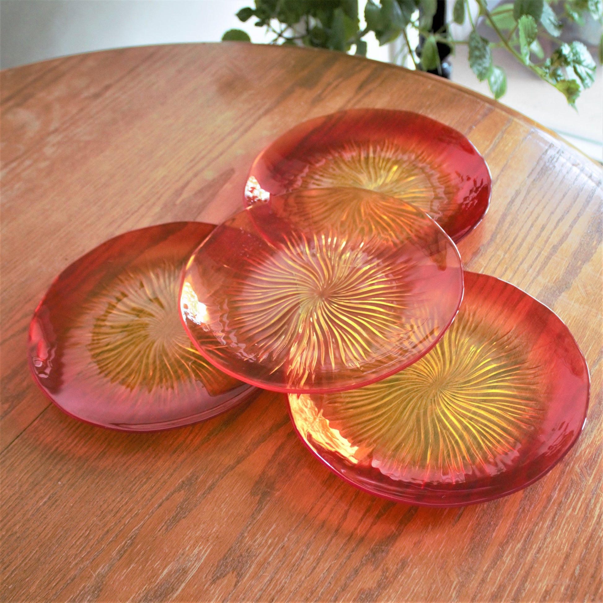 Orange Sunburst Glass Plate Set, Swirl Design, 8.5" (Set of 4)