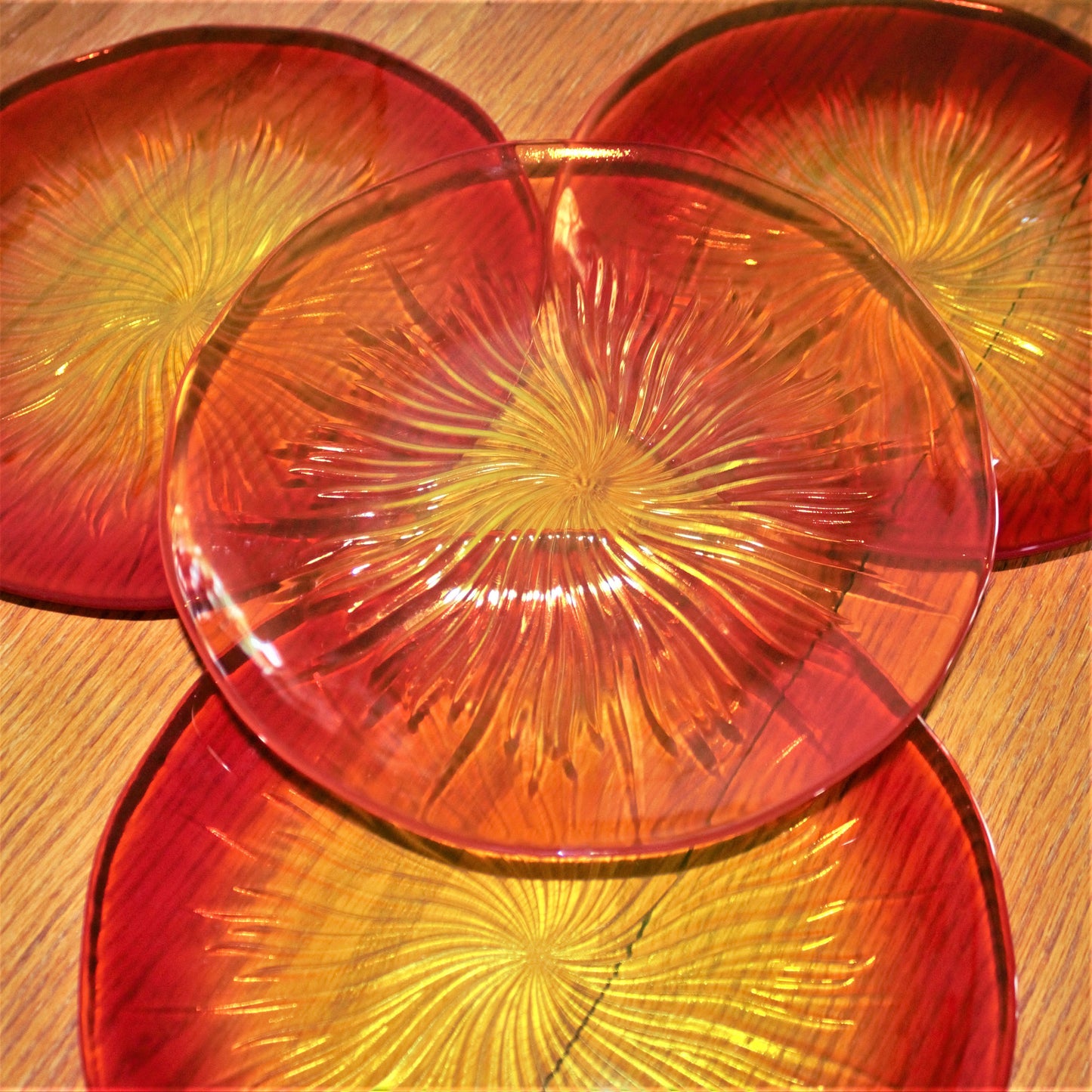 Orange Sunburst Glass Plate Set, Swirl Design, 8.5" (Set of 4)
