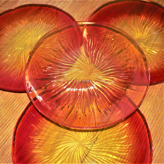 Orange Sunburst Glass Plate Set, Swirl Design, 8.5" (Set of 4)