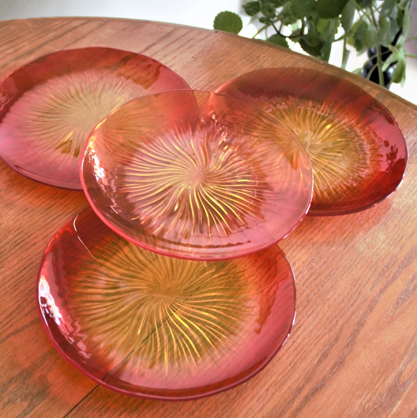 Orange Sunburst Glass Plate Set, Swirl Design, 8.5" (Set of 4)