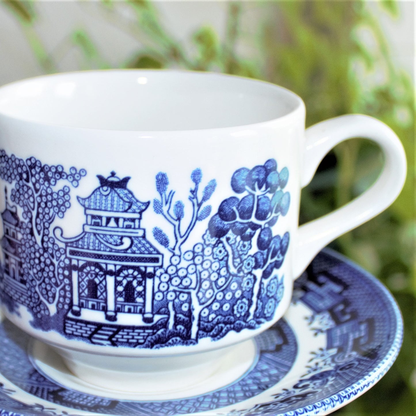 Vintage Blue Willow Teacup Set: 8pc English Transferware, Turtle Dove Design