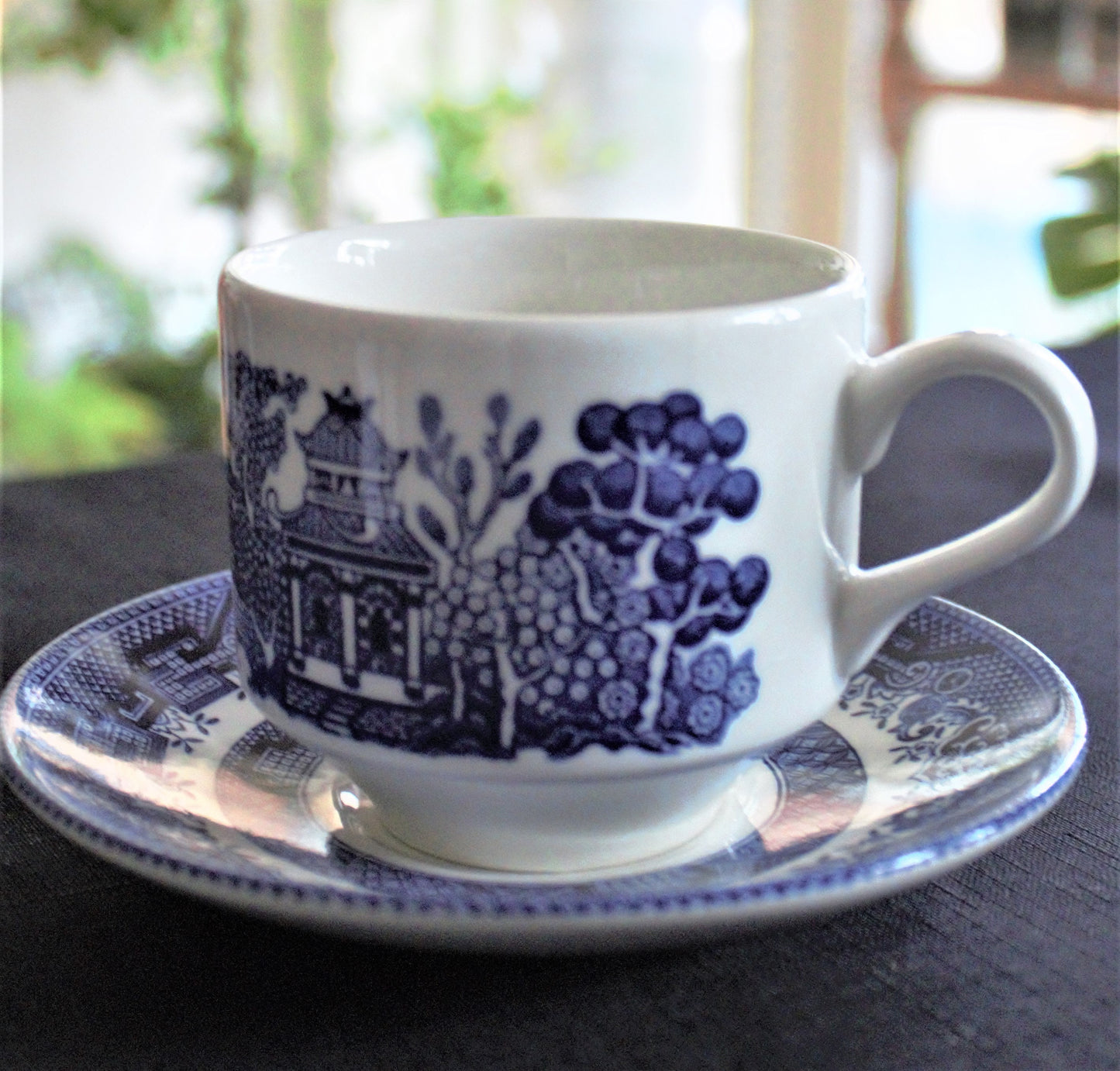 Vintage Blue Willow Teacup Set: 8pc English Transferware, Turtle Dove Design