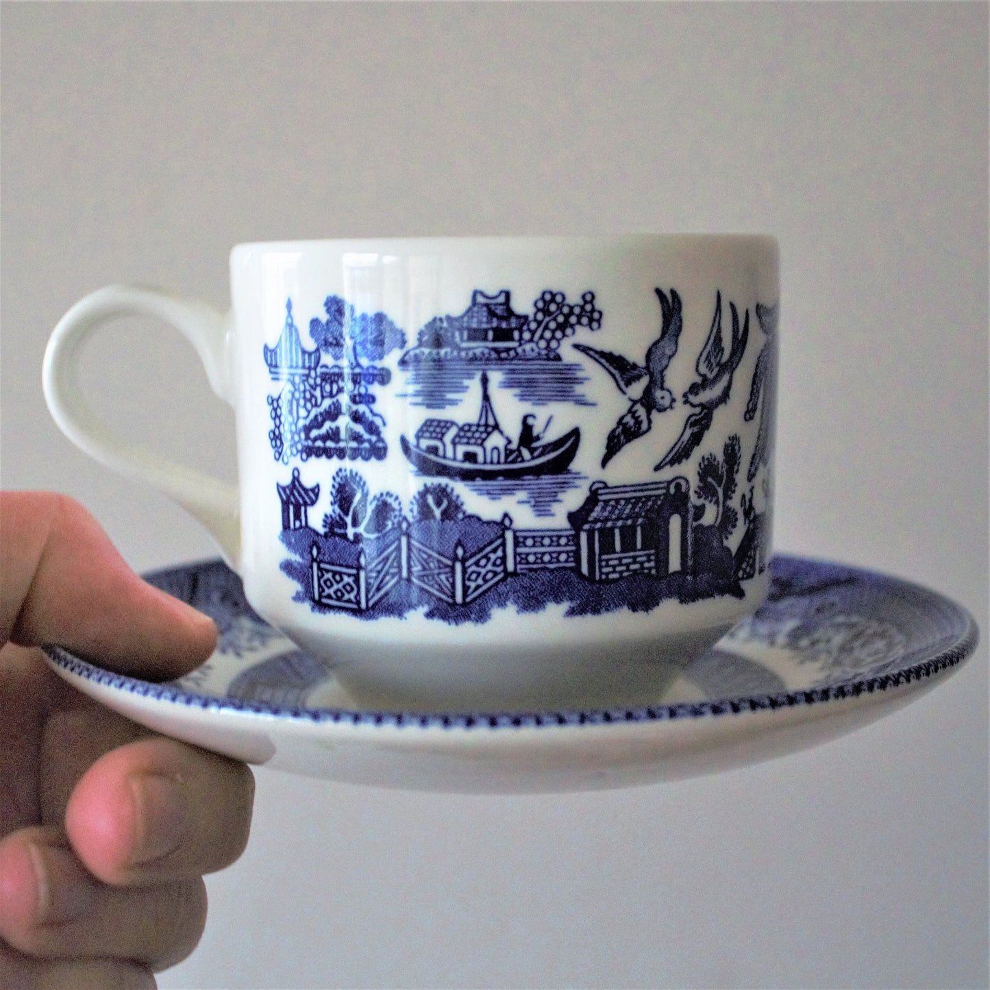 Vintage Blue Willow Teacup Set: 8pc English Transferware, Turtle Dove Design
