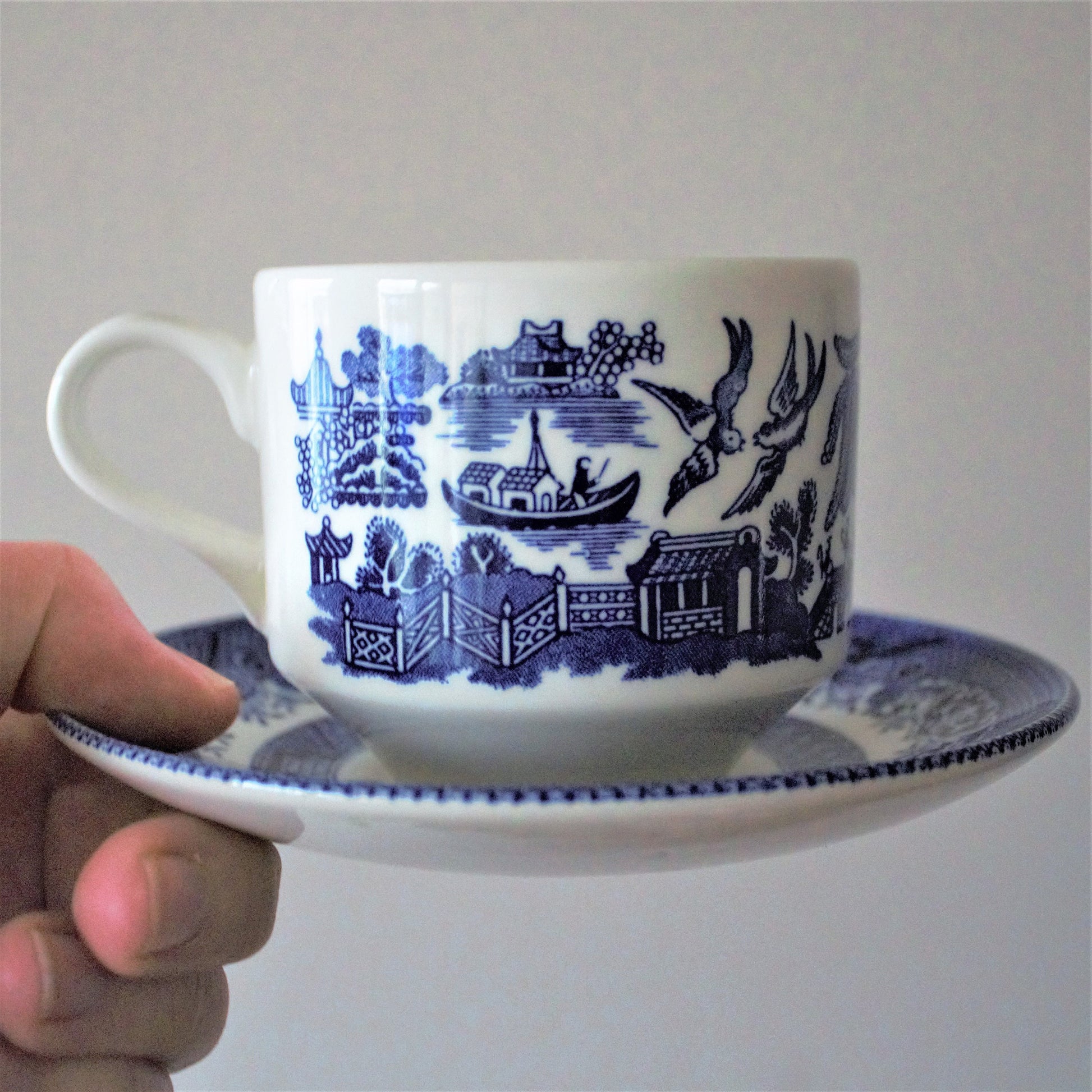 Vintage Blue Willow Teacup Set: 8pc English Transferware, Turtle Dove Design