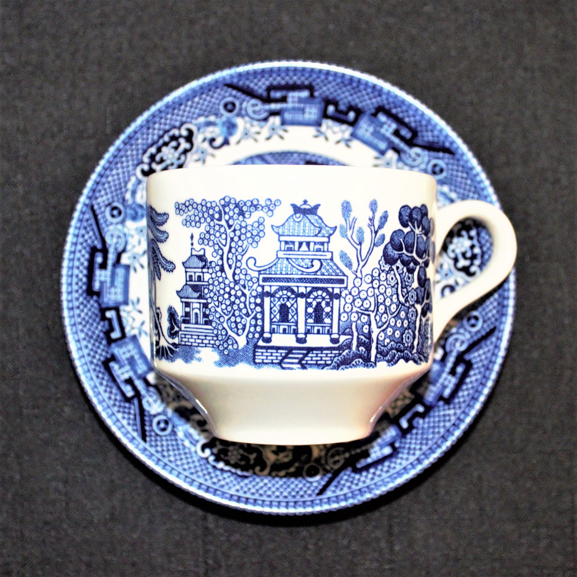 Vintage Blue Willow Teacup Set: 8pc English Transferware, Turtle Dove Design