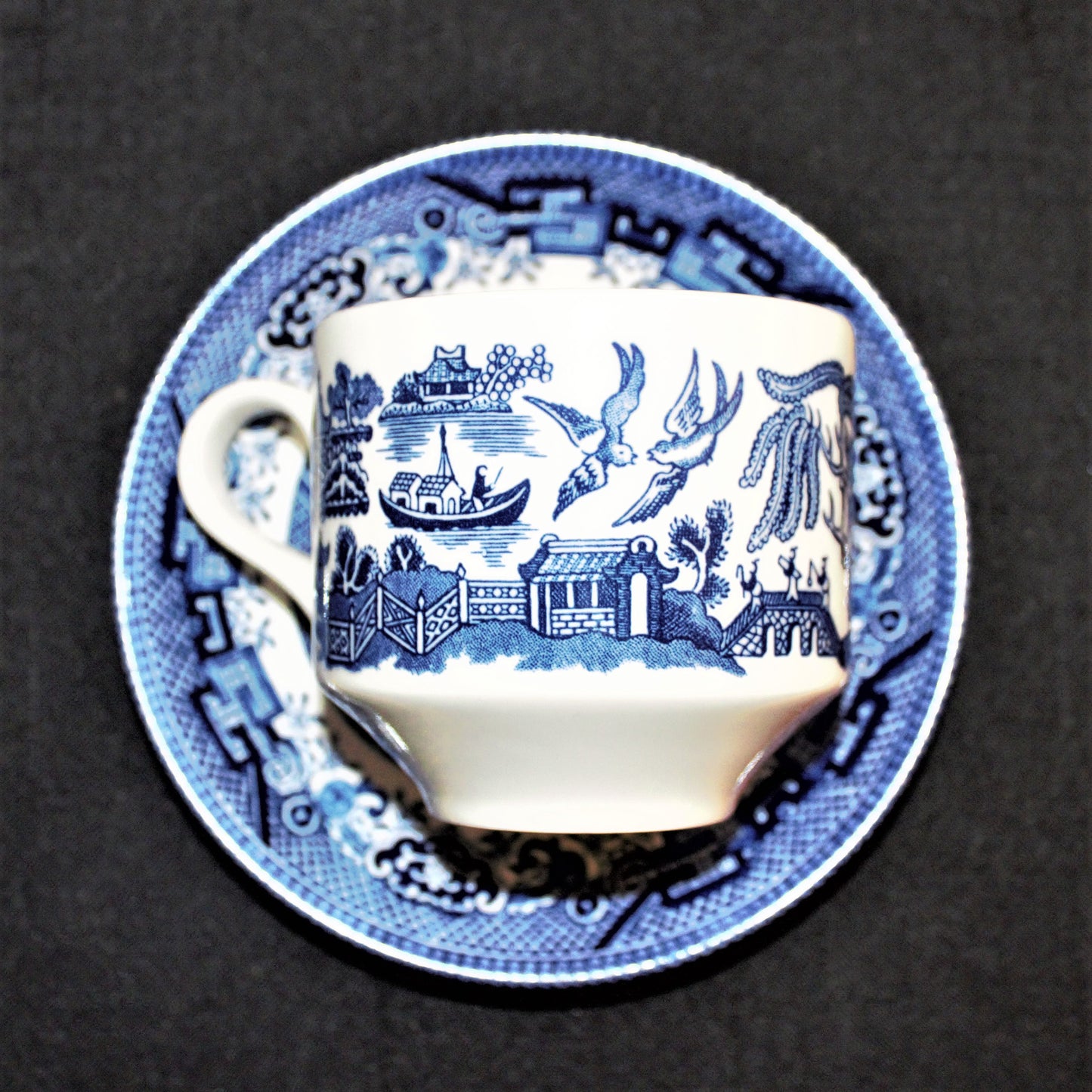 Vintage Blue Willow Teacup Set: 8pc English Transferware, Turtle Dove Design