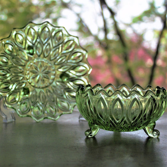 Vintage Green Pressed Glass Bowl & Plate Set: Footed Trinket Dish, 2-piece set