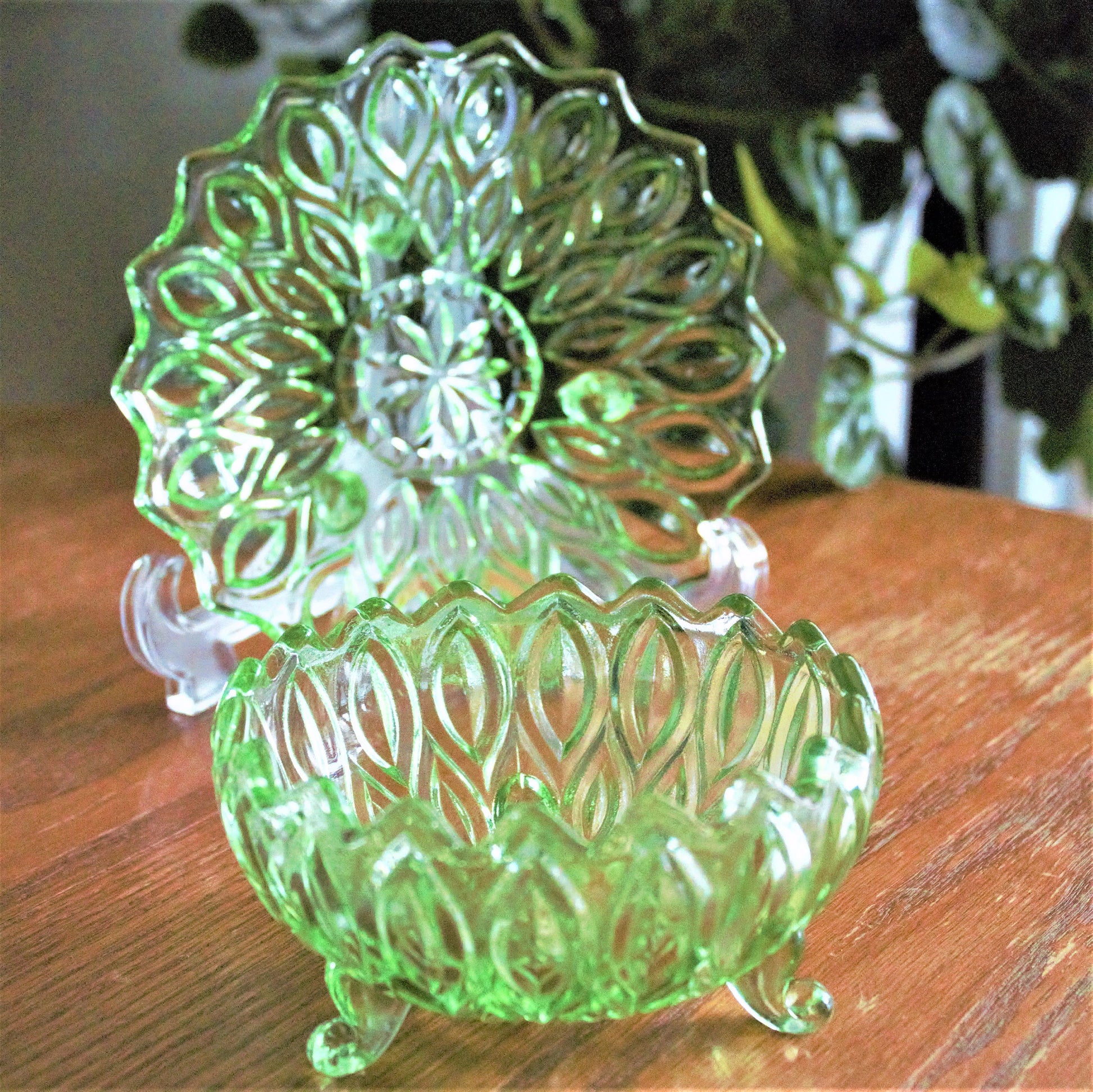 Vintage Green Pressed Glass Bowl & Plate Set: Footed Trinket Dish, 2-piece set