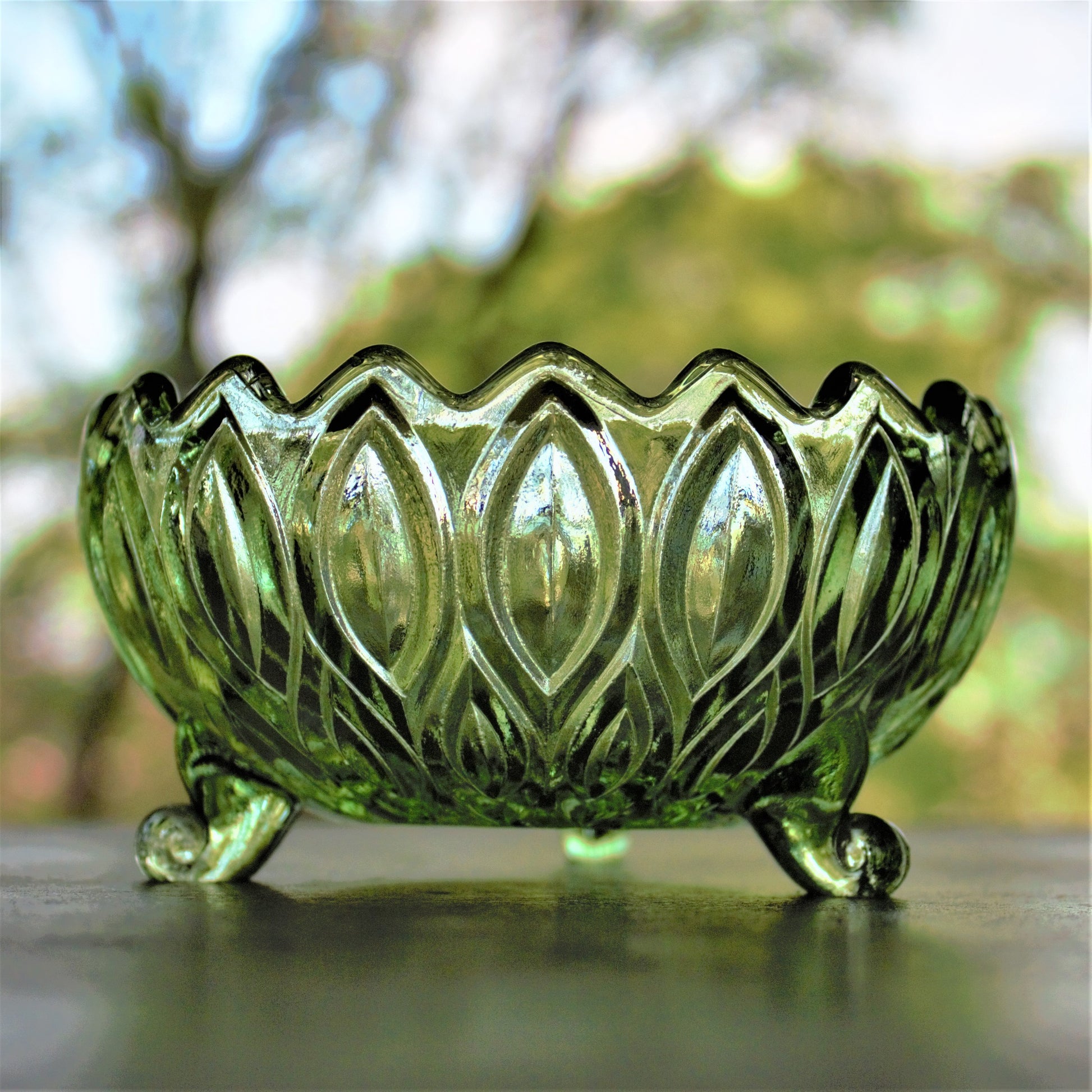 Vintage Green Pressed Glass Bowl & Plate Set: Footed Trinket Dish, 2-piece set