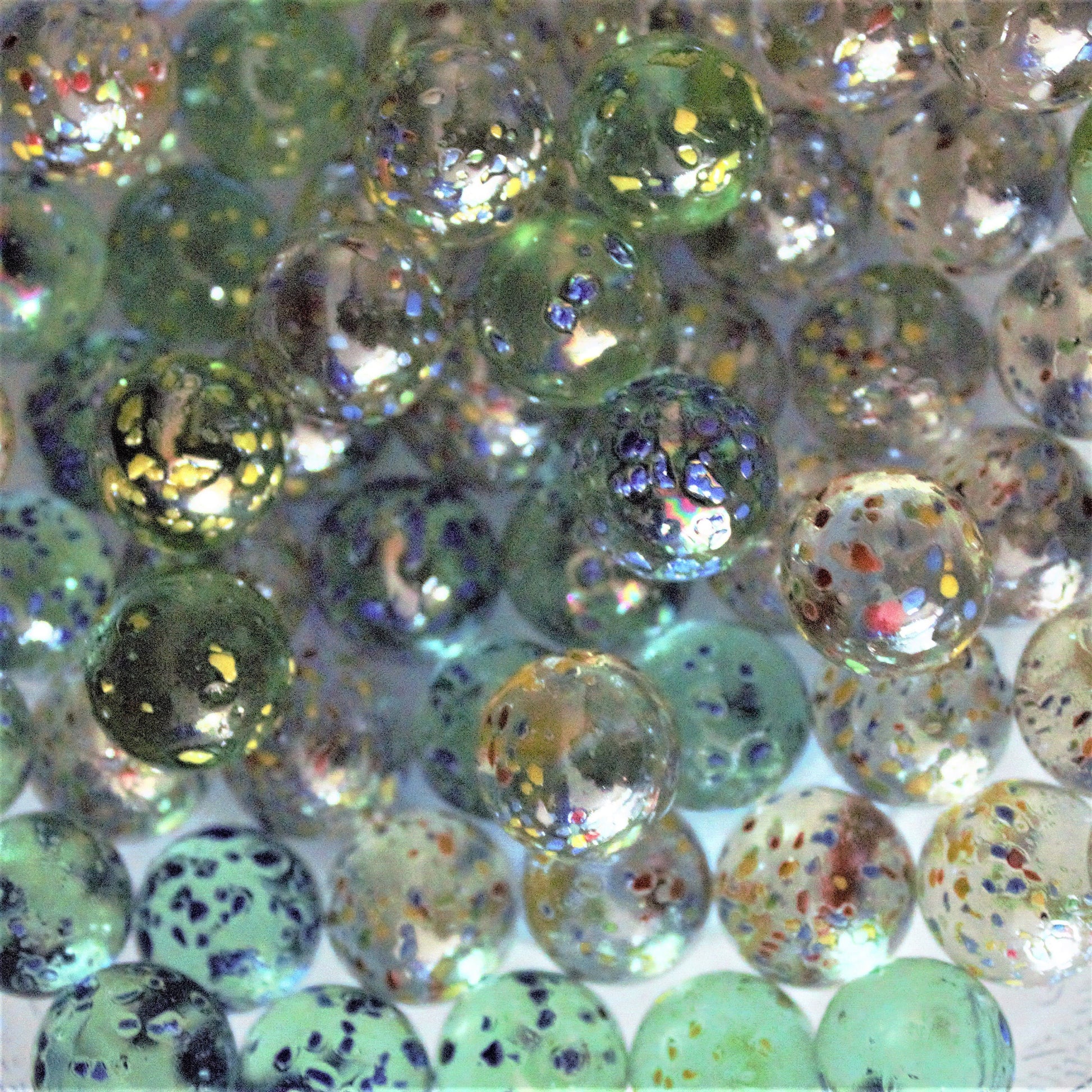 36 Vintage Glitterbomb Marbles: Green & Blue Confetti Glass