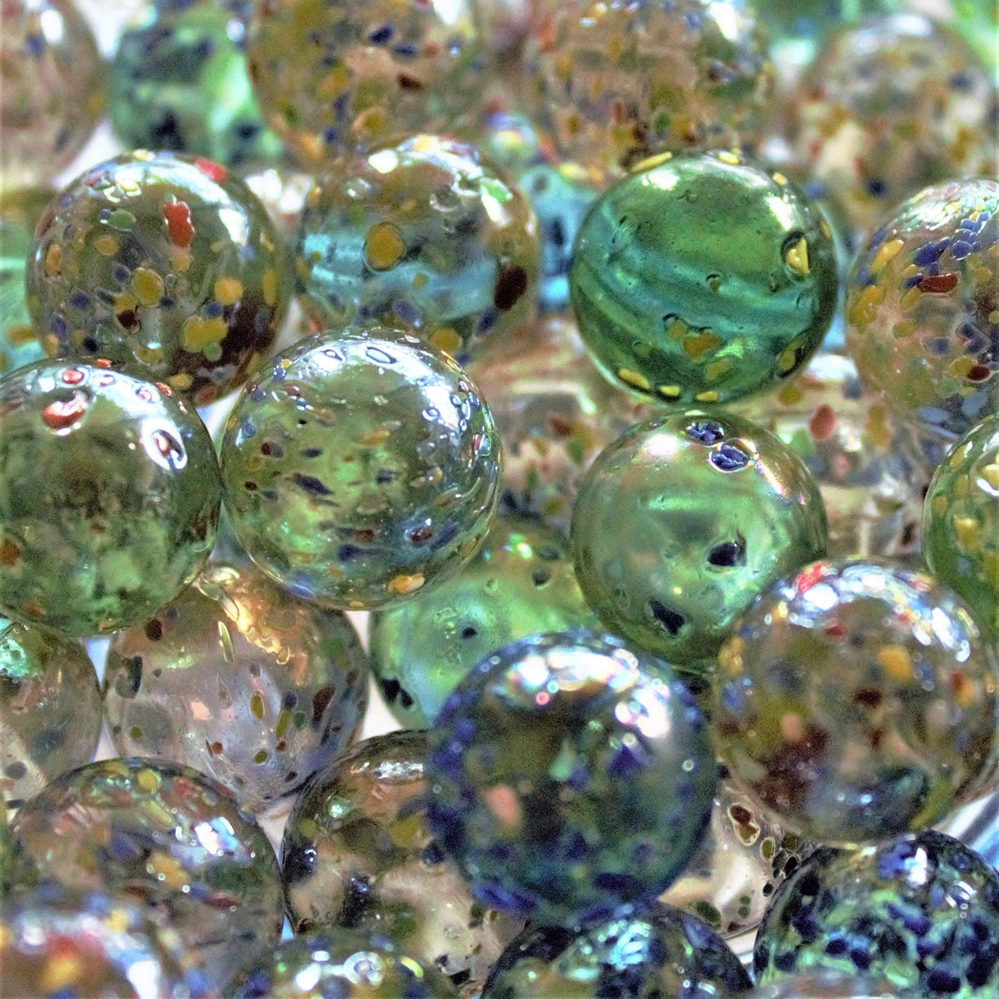 36 Vintage Glitterbomb Marbles: Green & Blue Confetti Glass