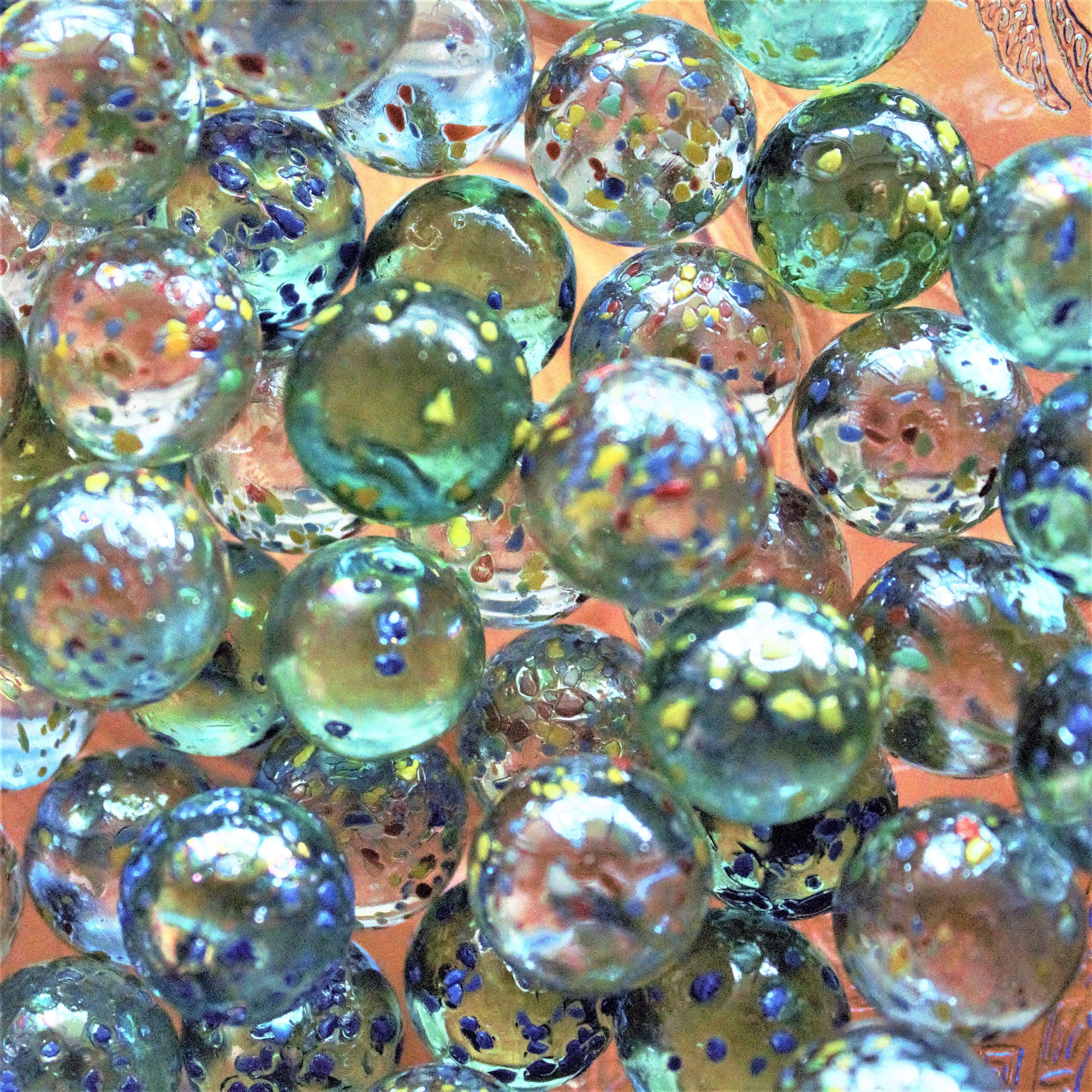 36 Vintage Glitterbomb Marbles: Green & Blue Confetti Glass
