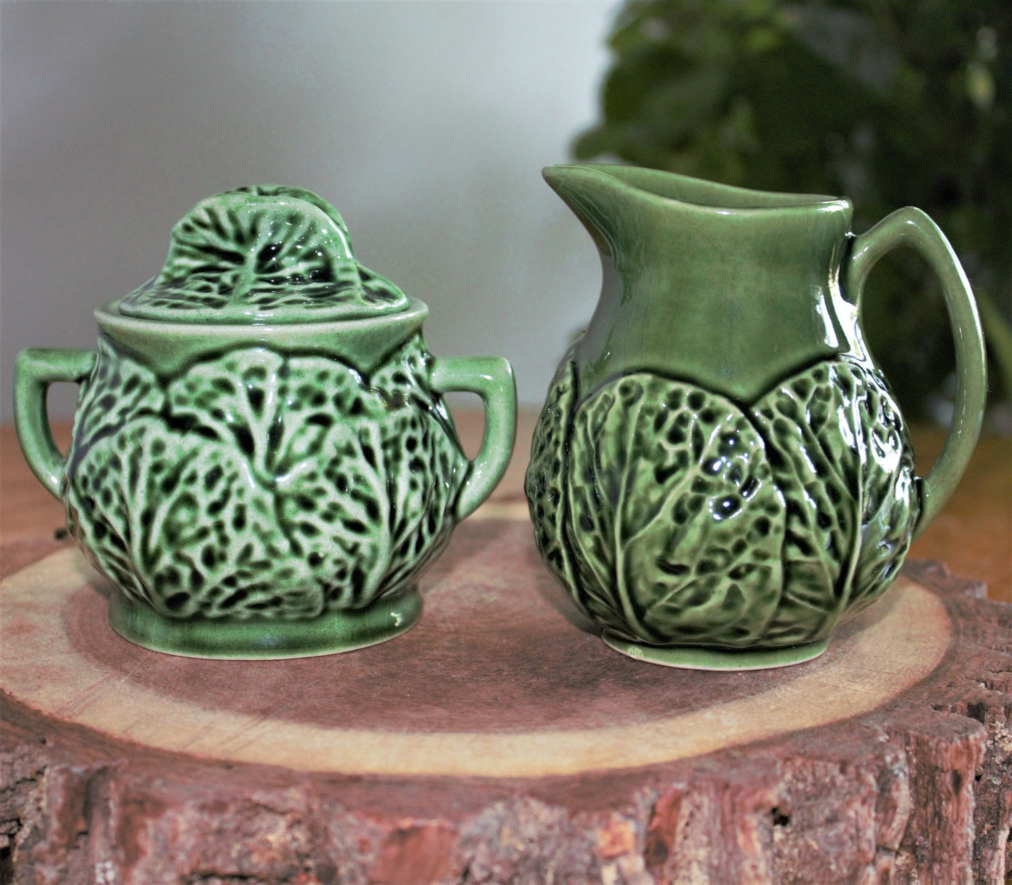 Green Cabbageware Ceramic Creamer and Sugar Bowl Set