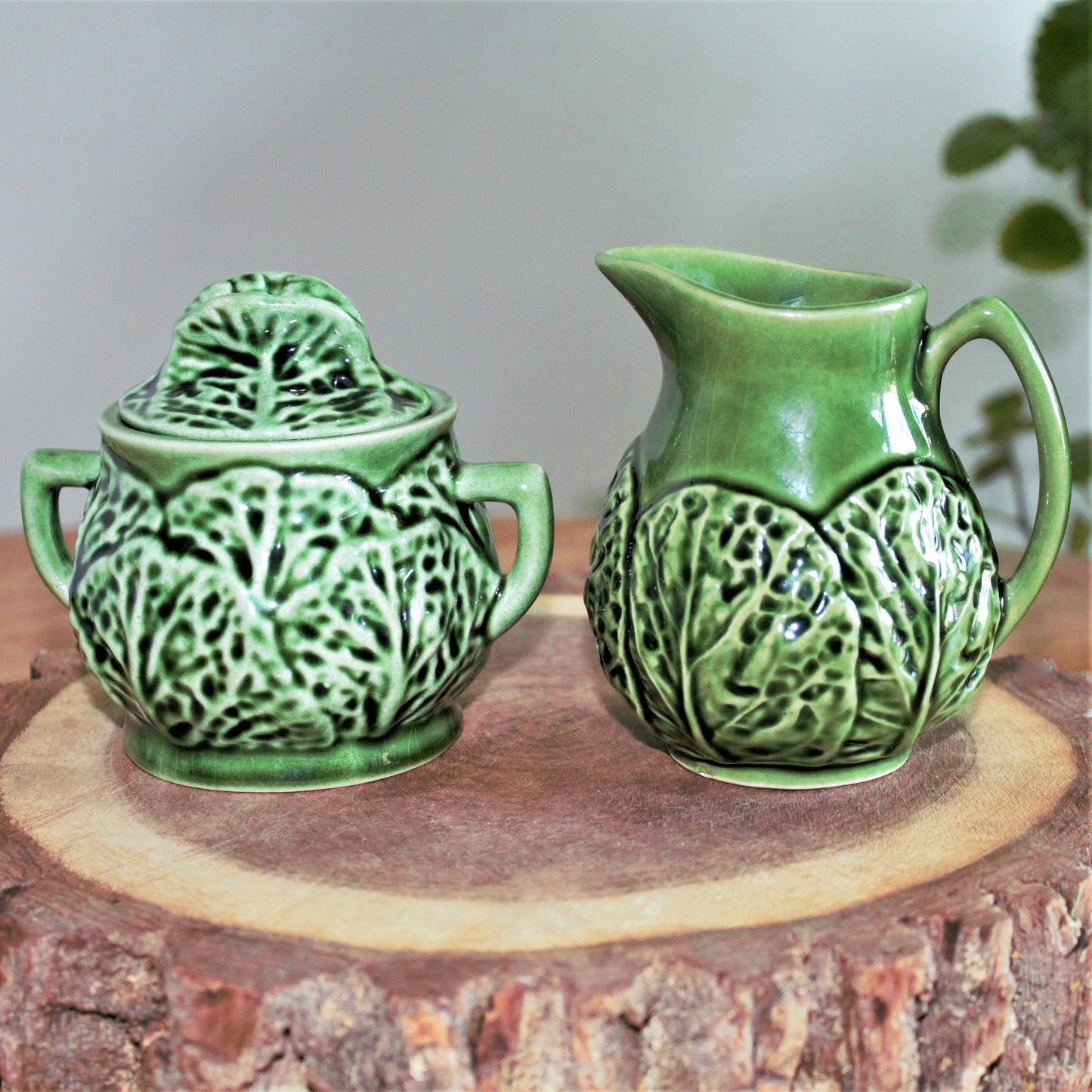 Green Cabbageware Ceramic Creamer and Sugar Bowl Set