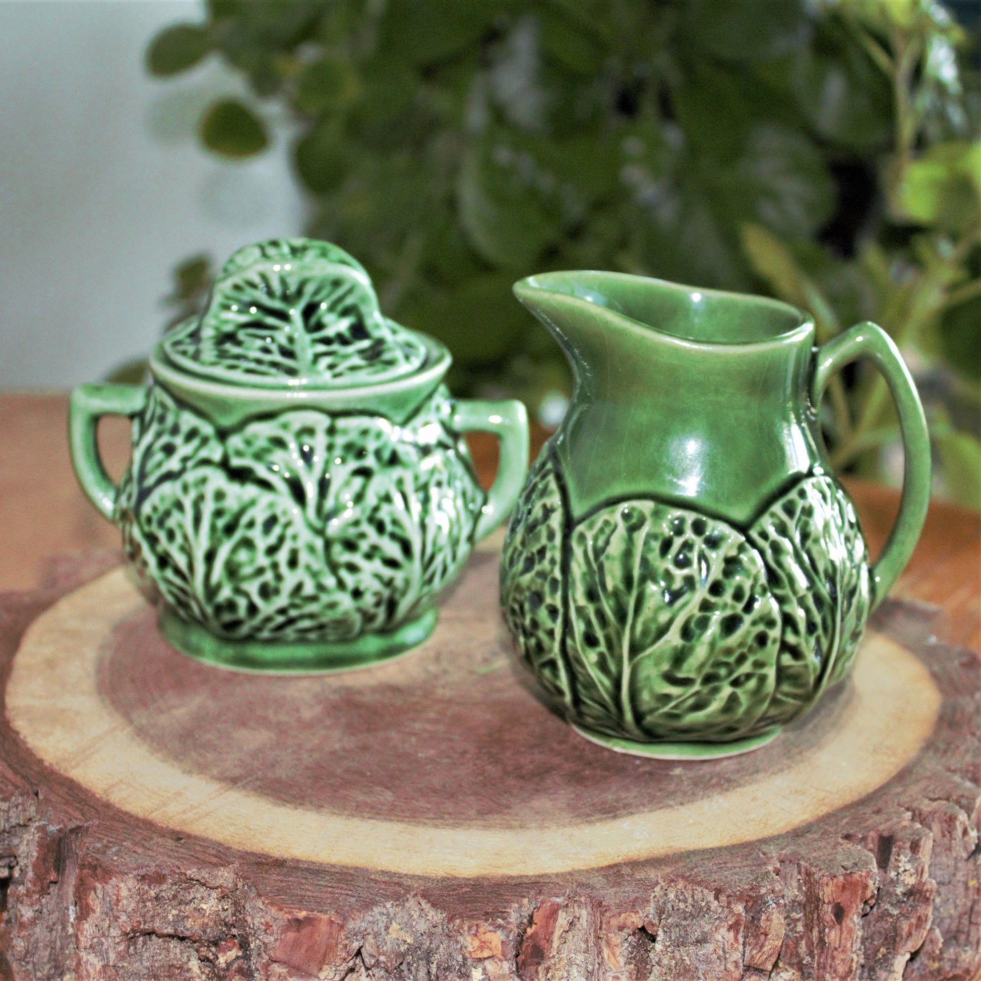 Green Cabbageware Ceramic Creamer and Sugar Bowl Set