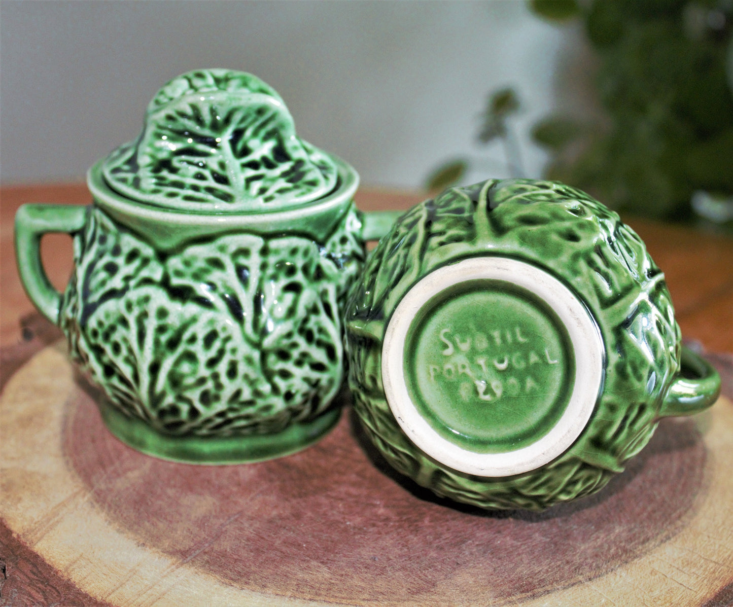 Green Cabbageware Ceramic Creamer and Sugar Bowl Set