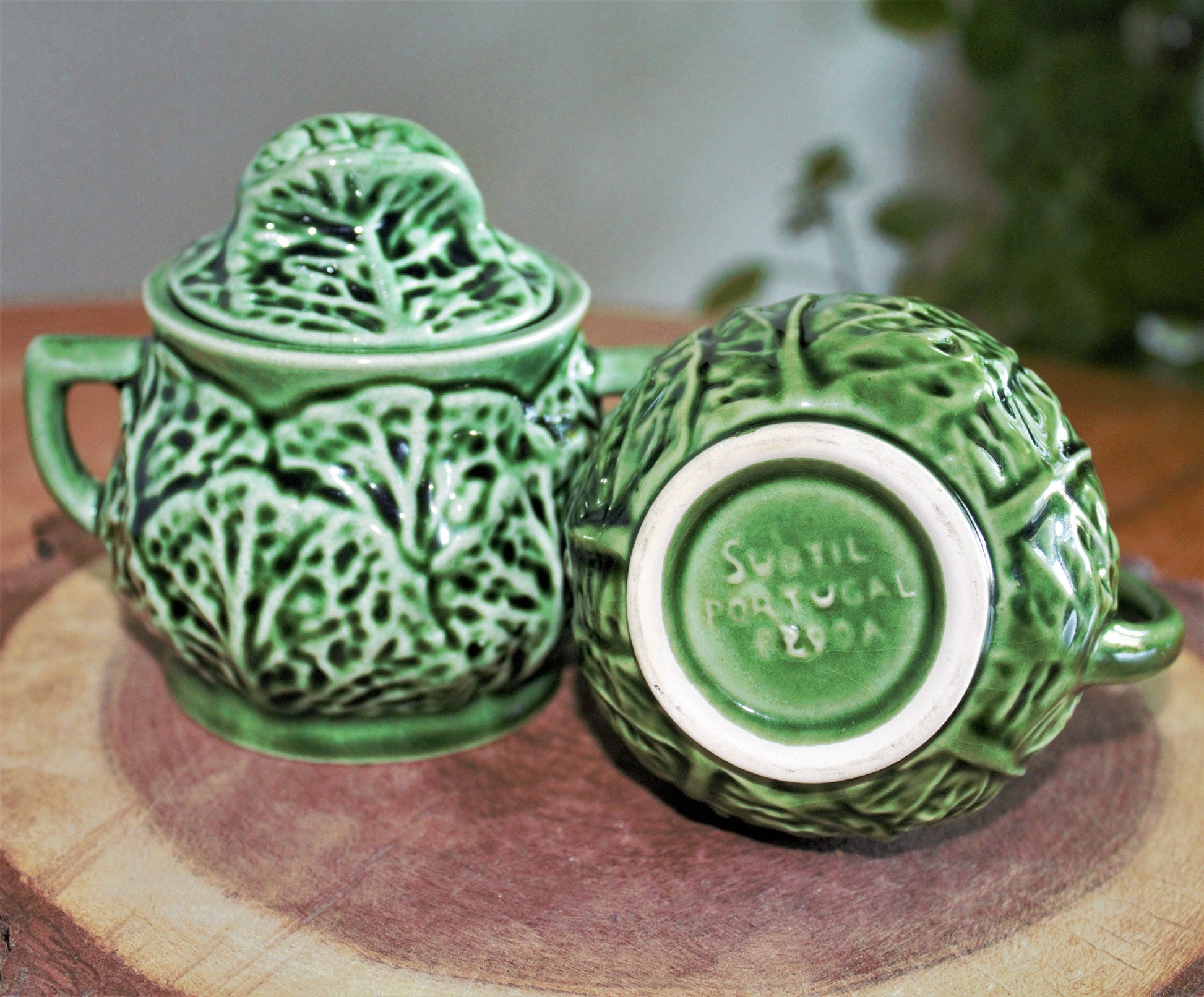 Green Cabbageware Ceramic Creamer and Sugar Bowl Set