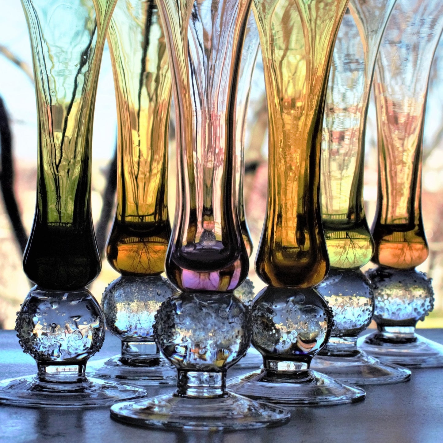 Hand Blown Bud Vases: Fused Glass with Ball Detail, Set of 7