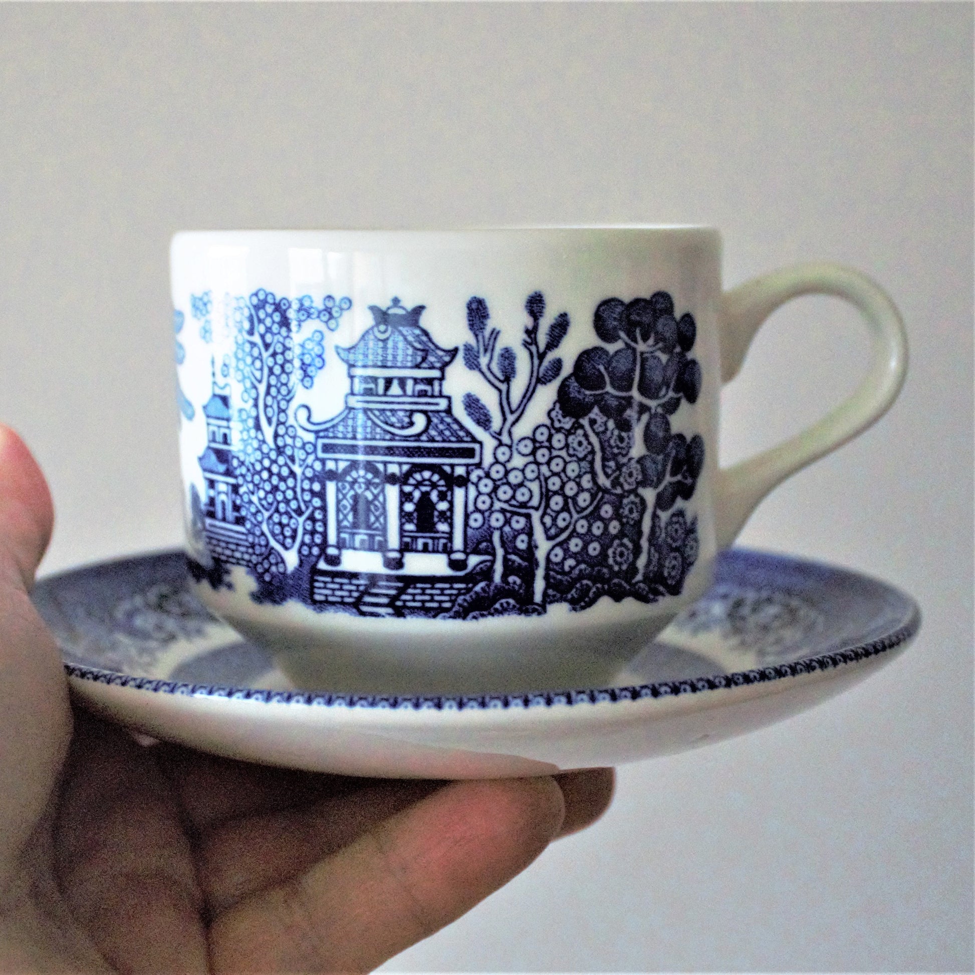 Vintage Blue Willow Teacup Set: 8pc English Transferware, Turtle Dove Design