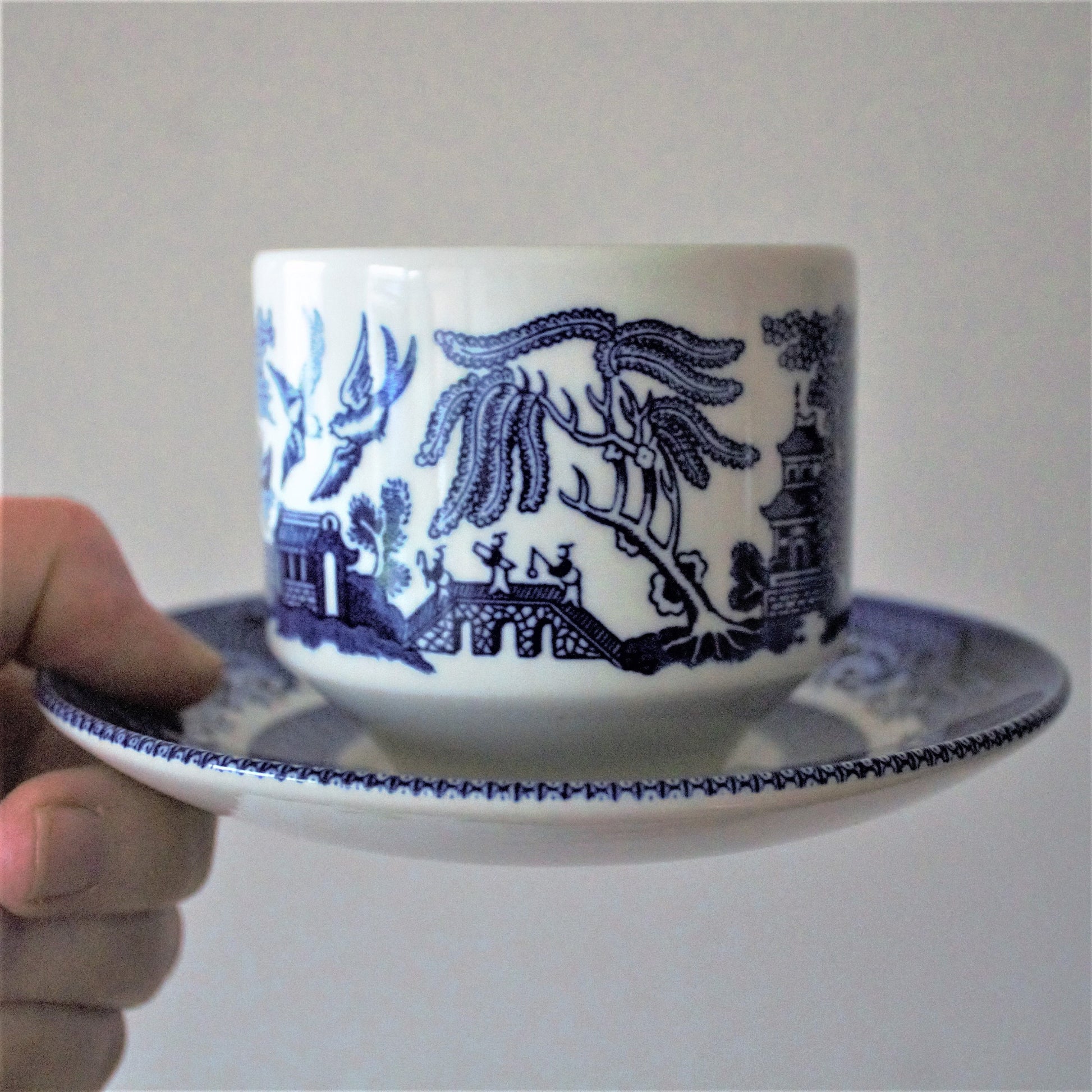Vintage Blue Willow Teacup Set: 8pc English Transferware, Turtle Dove Design