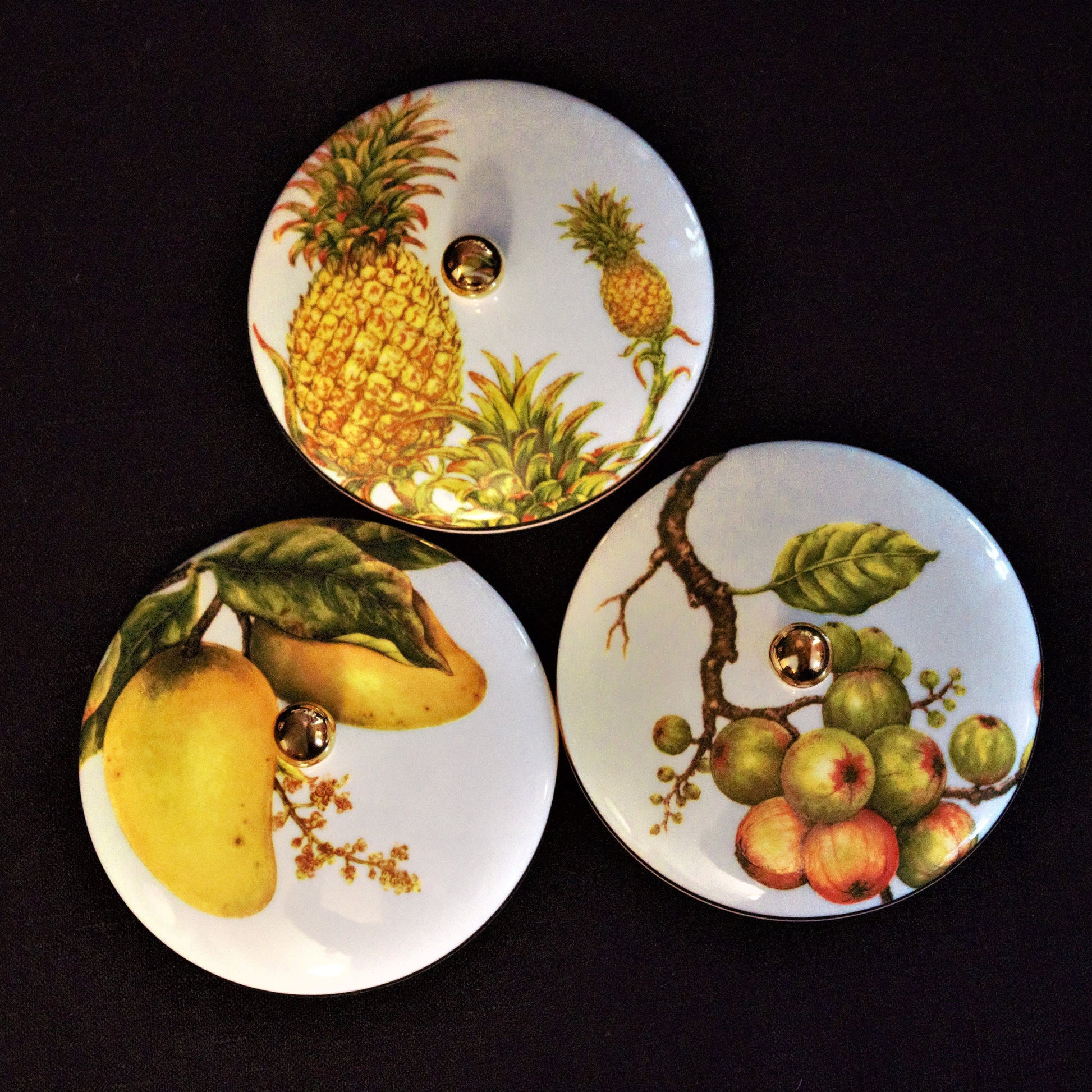 Minh Long Porcelain Bowls with Lids: Hand-Painted Fruit Design, Set of 3