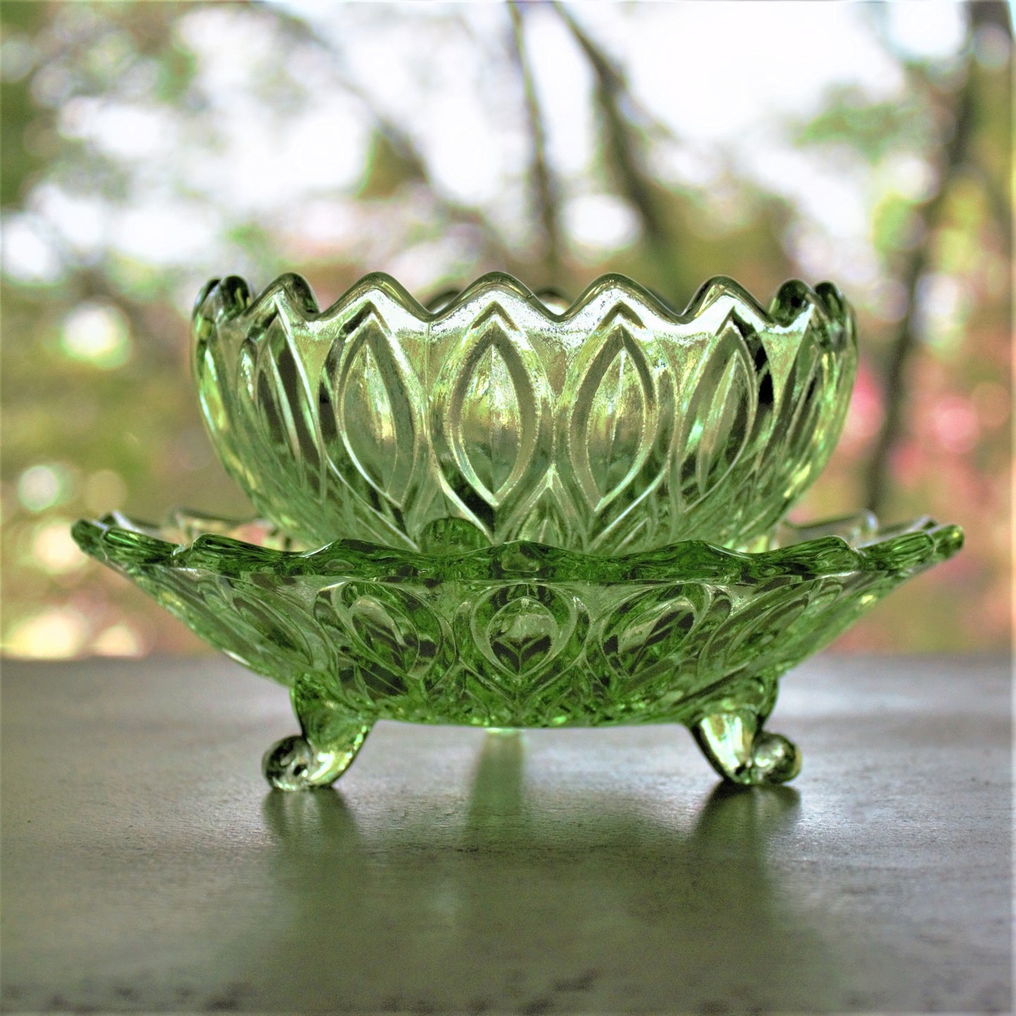 Vintage Green Pressed Glass Bowl & Plate Set: Footed Trinket Dish, 2-piece set