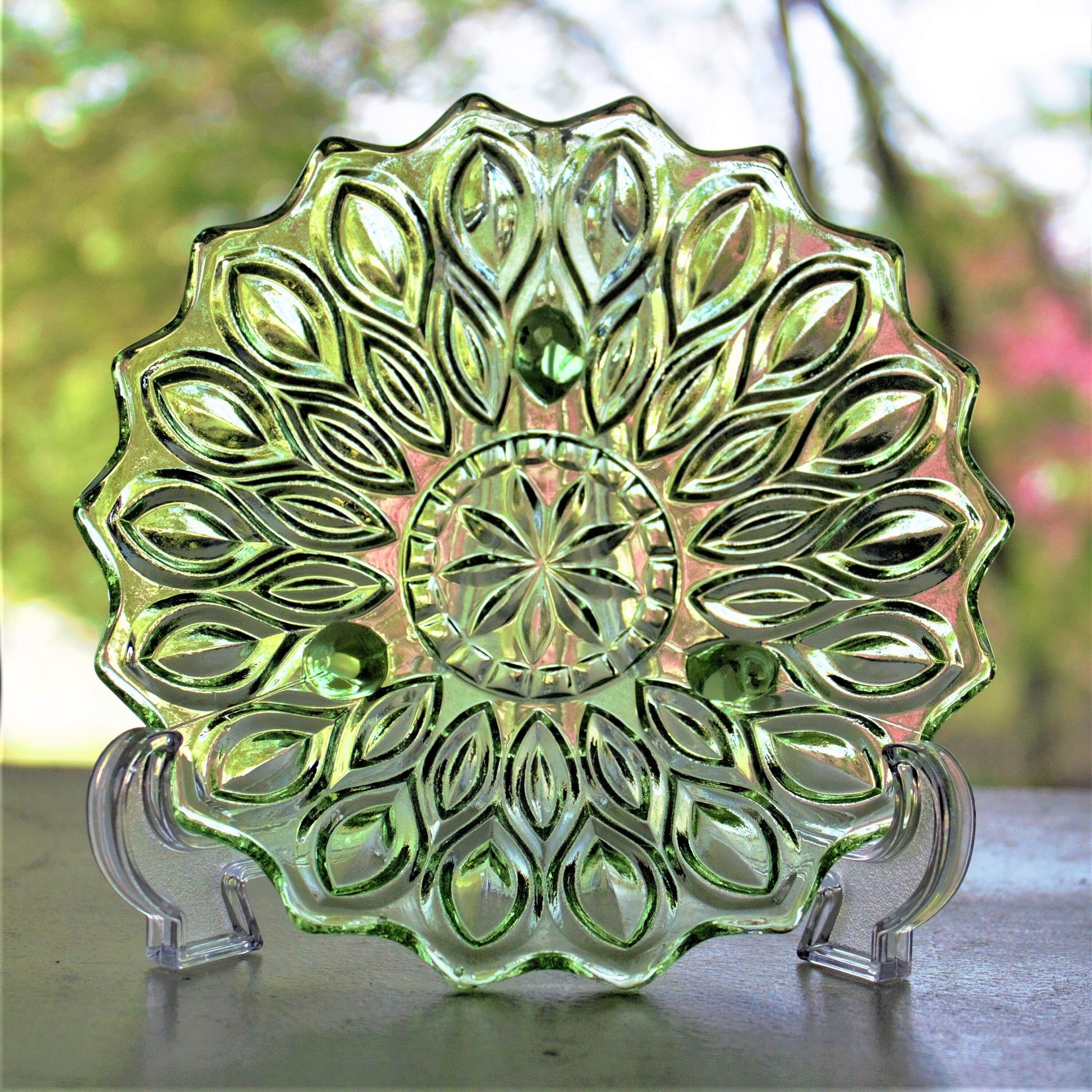 Vintage Green Pressed Glass Bowl & Plate Set: Footed Trinket Dish, 2-piece set