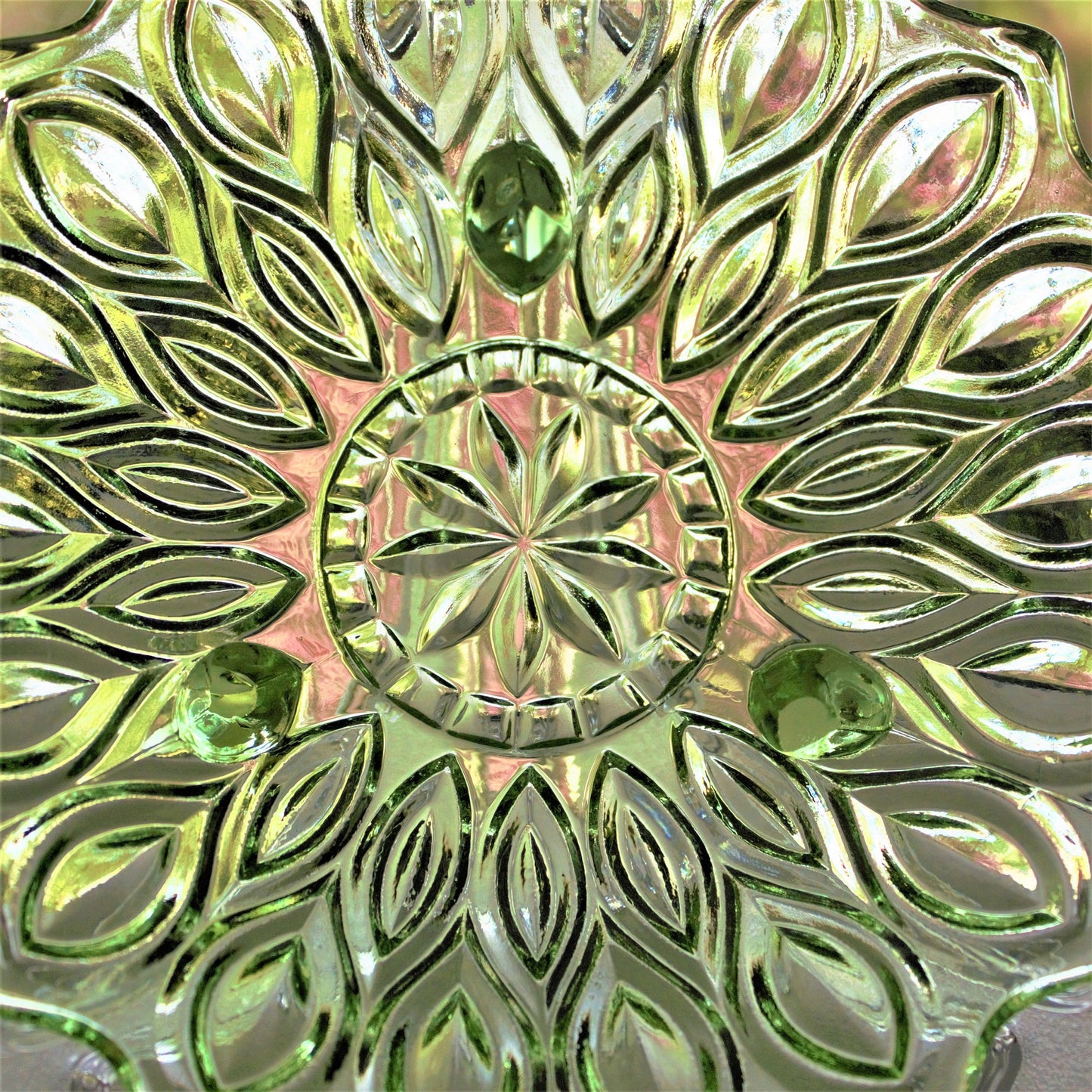 Vintage Green Pressed Glass Bowl & Plate Set: Footed Trinket Dish, 2-piece set