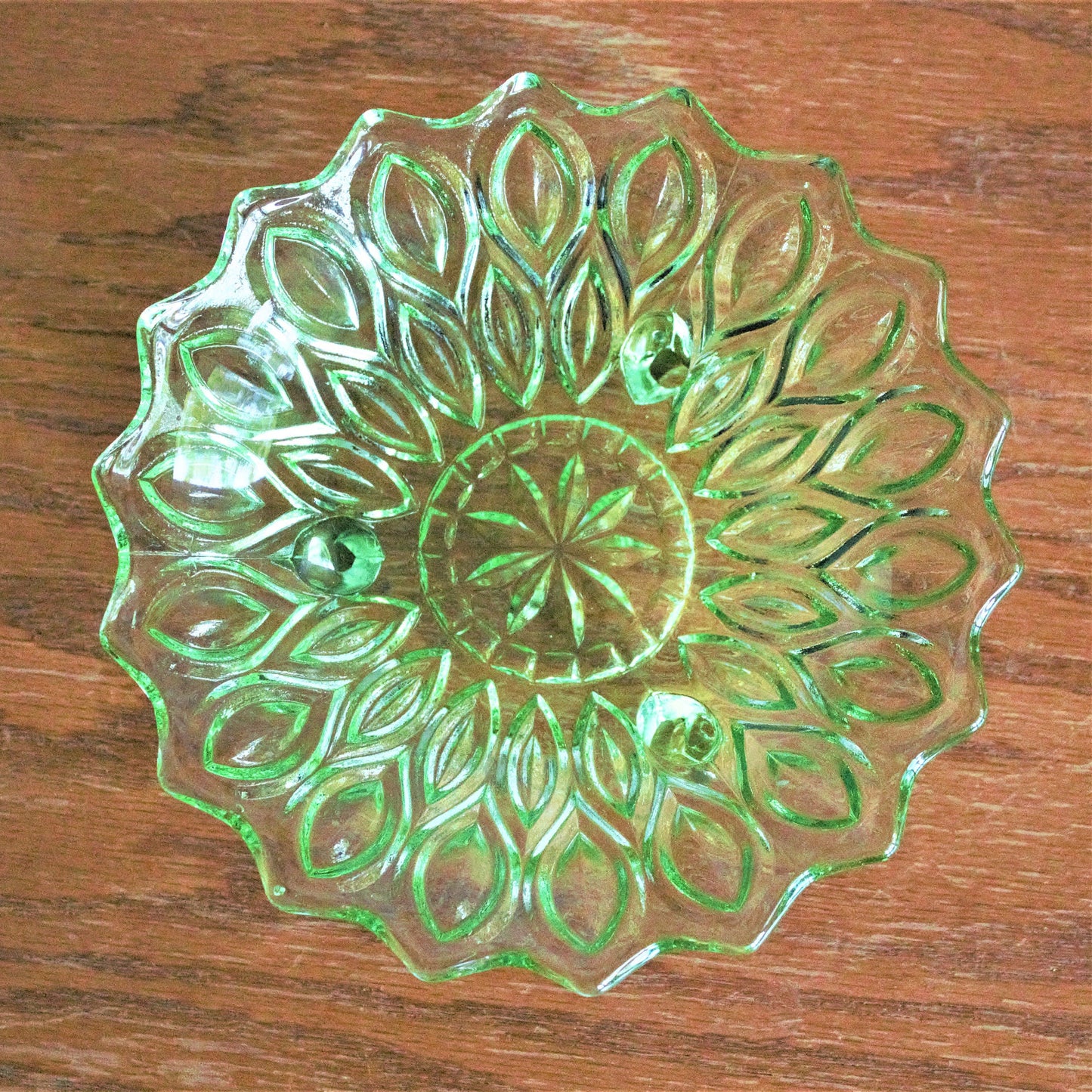 Vintage Green Pressed Glass Bowl & Plate Set: Footed Trinket Dish, 2-piece set