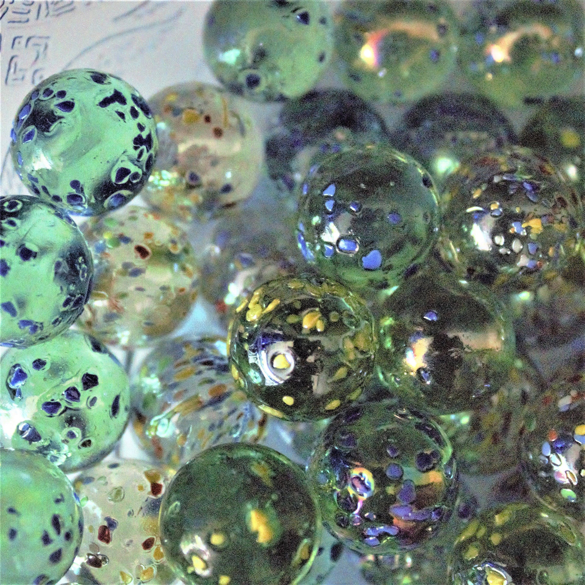 36 Vintage Glitterbomb Marbles: Green & Blue Confetti Glass