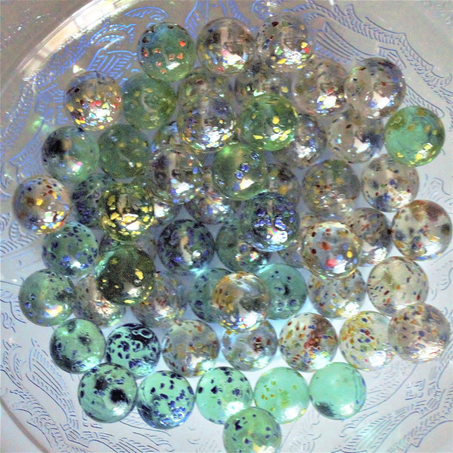 36 Vintage Glitterbomb Marbles: Green & Blue Confetti Glass