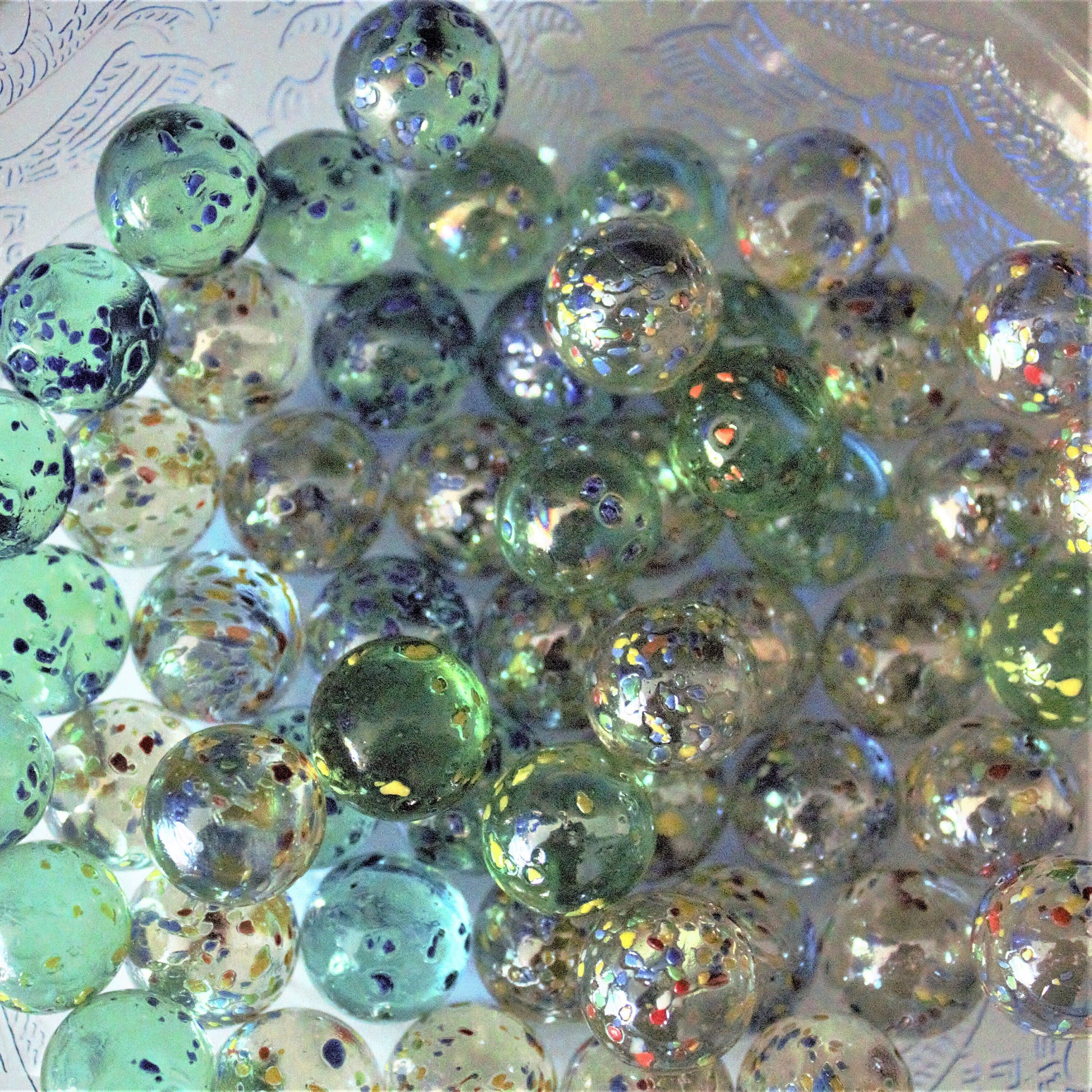 36 Vintage Glitterbomb Marbles: Green & Blue Confetti Glass
