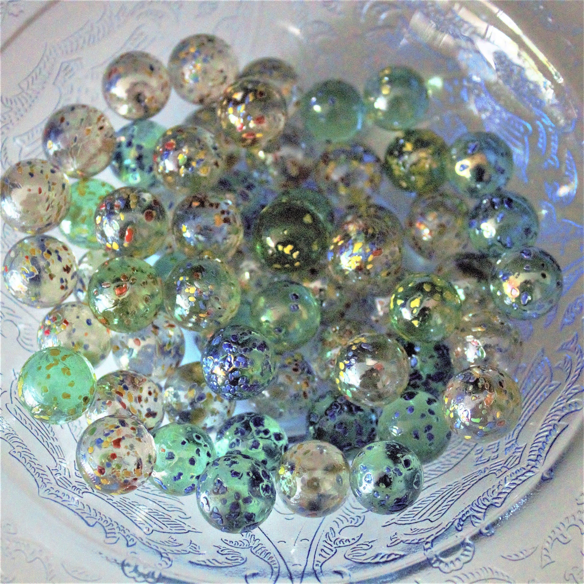 36 Vintage Glitterbomb Marbles: Green & Blue Confetti Glass