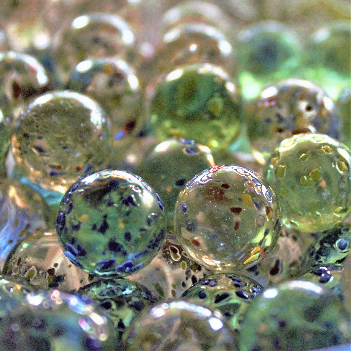 36 Vintage Glitterbomb Marbles: Green & Blue Confetti Glass