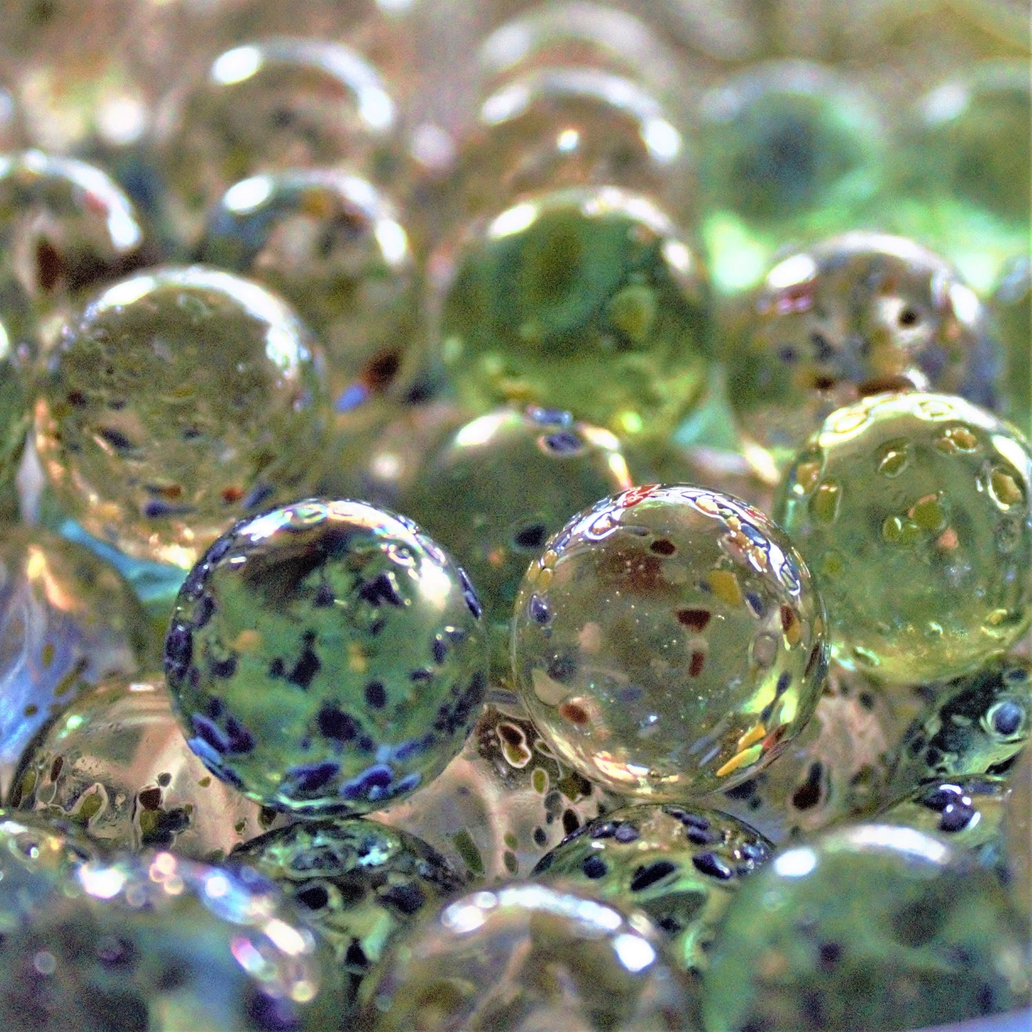 36 Vintage Glitterbomb Marbles: Green & Blue Confetti Glass