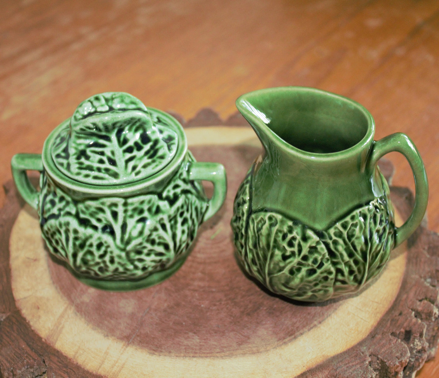 Green Cabbageware Ceramic Creamer and Sugar Bowl Set