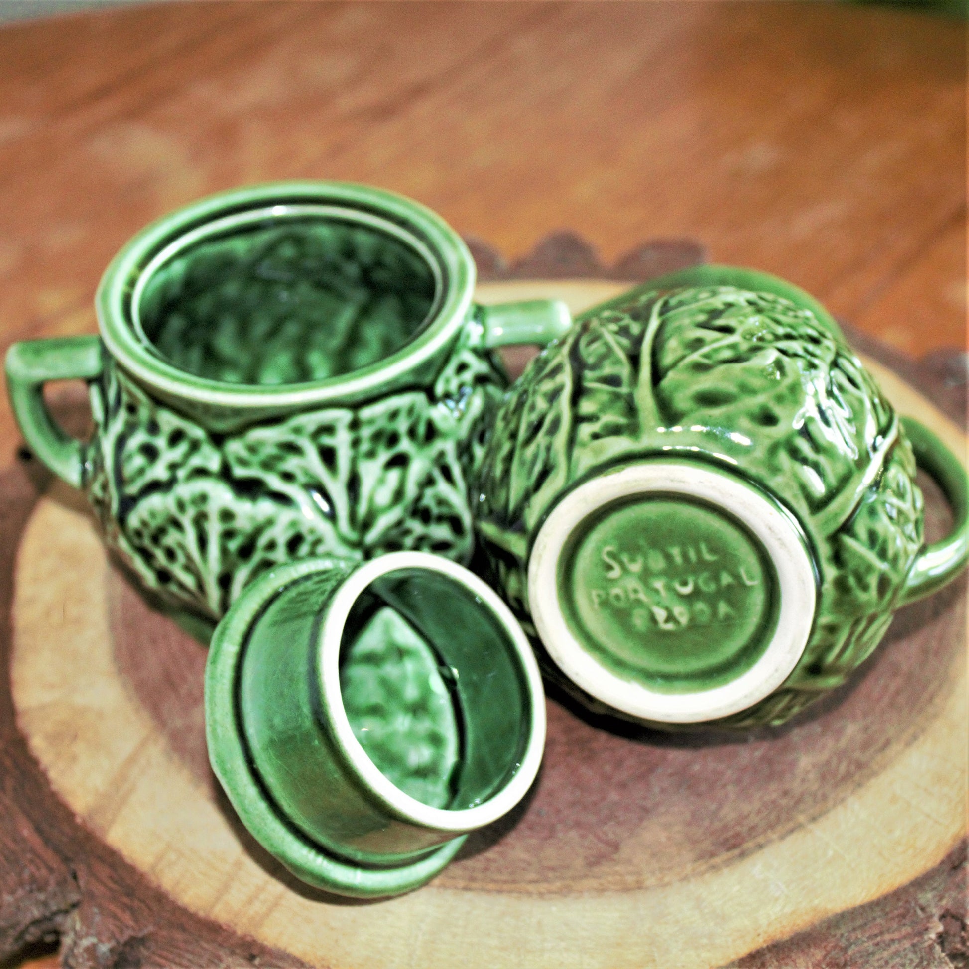 Green Cabbageware Ceramic Creamer and Sugar Bowl Set