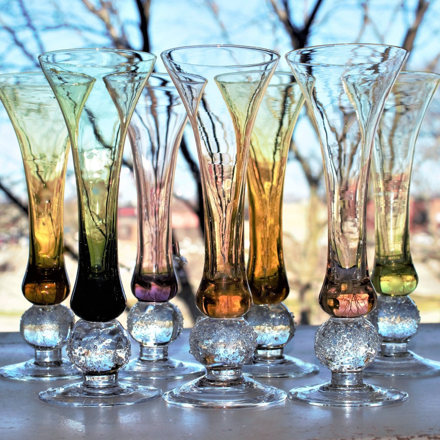 Hand Blown Bud Vases: Fused Glass with Ball Detail, Set of 7