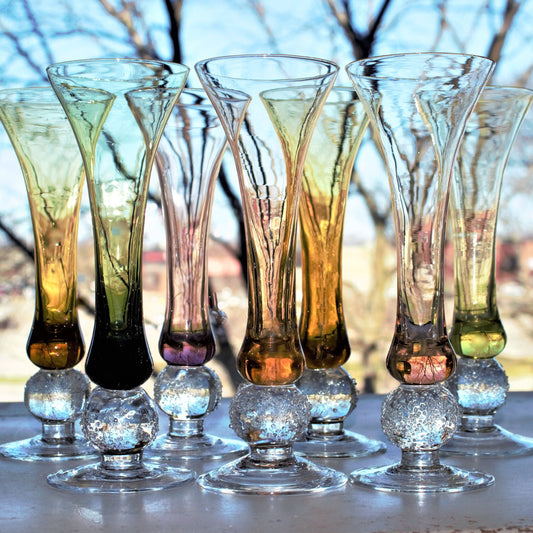 Hand Blown Bud Vases: Fused Glass with Ball Detail, Set of 7