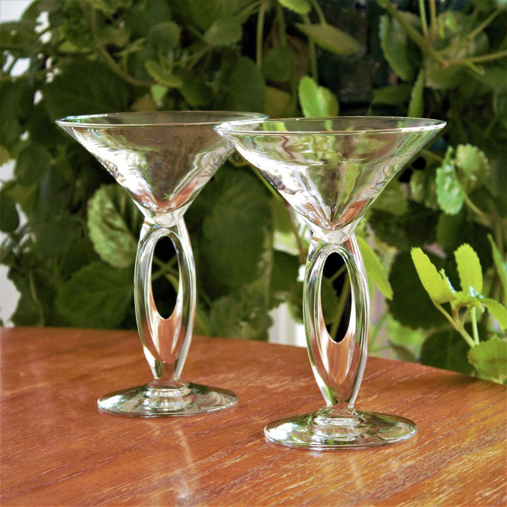 Clear Martini Glasses with Cut Out Stem: Unique Cocktail Set of 3, rare stemware