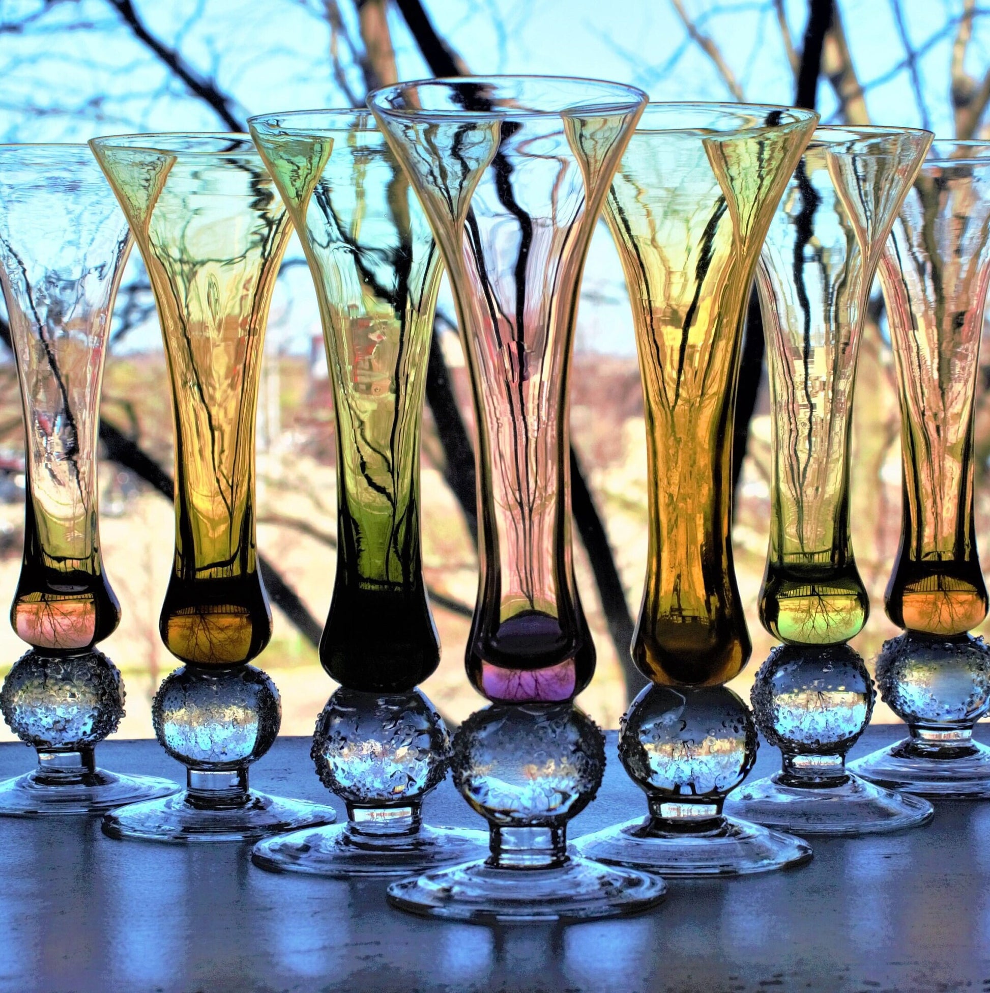 Hand Blown Bud Vases: Fused Glass with Ball Detail, Set of 7