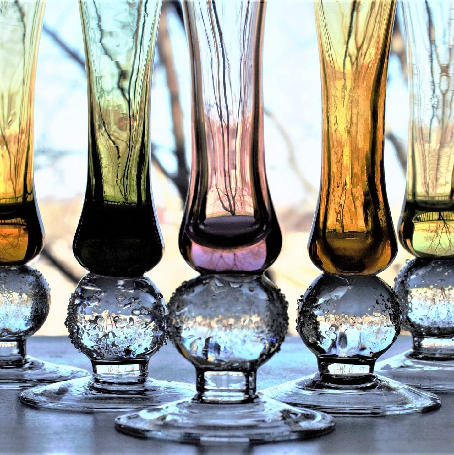Hand Blown Bud Vases: Fused Glass with Ball Detail, Set of 7