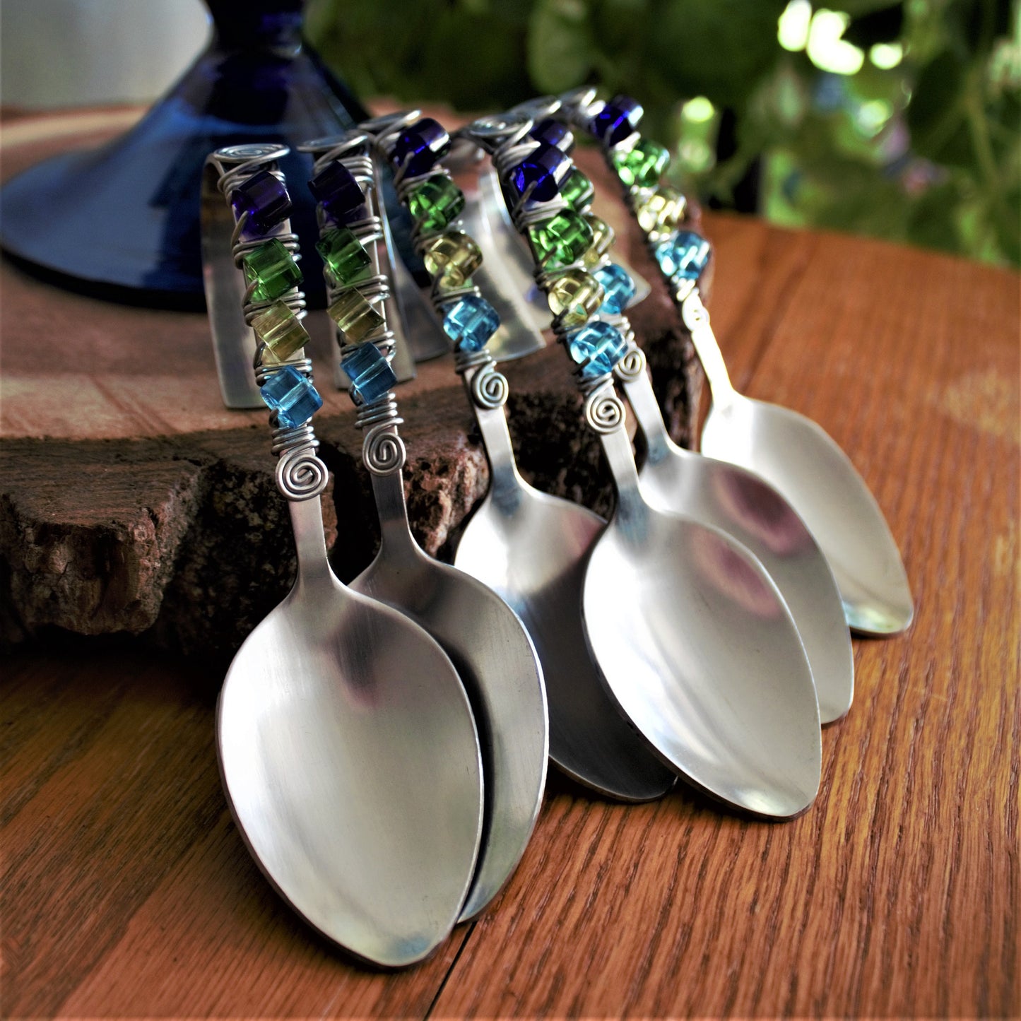 Beaded Appetizer Spoons: Lucite & Stainless Steel, Bent Hors d'oeuvres Spoons, Set of 6