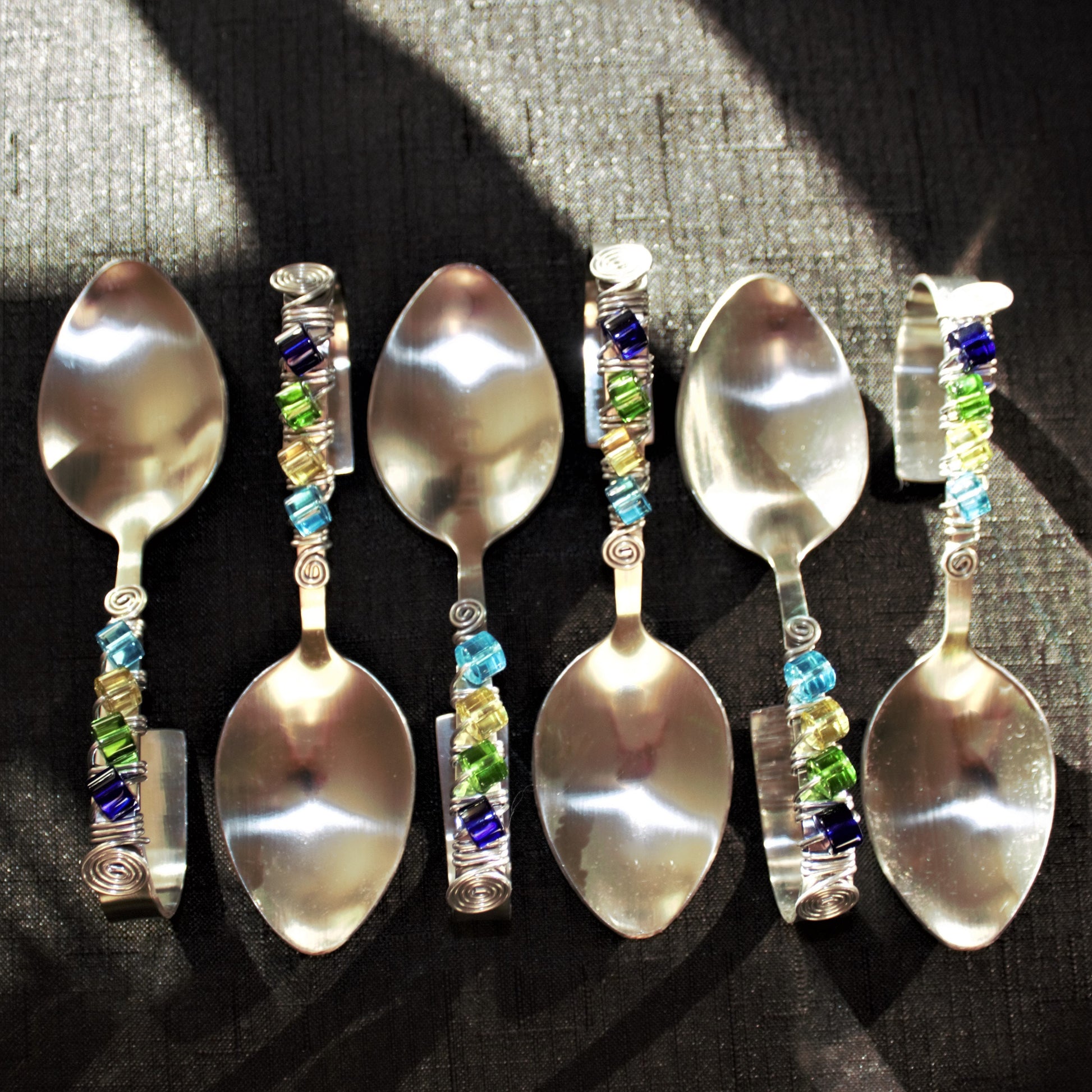 Beaded Appetizer Spoons: Lucite & Stainless Steel, Bent Hors d'oeuvres Spoons, Set of 6
