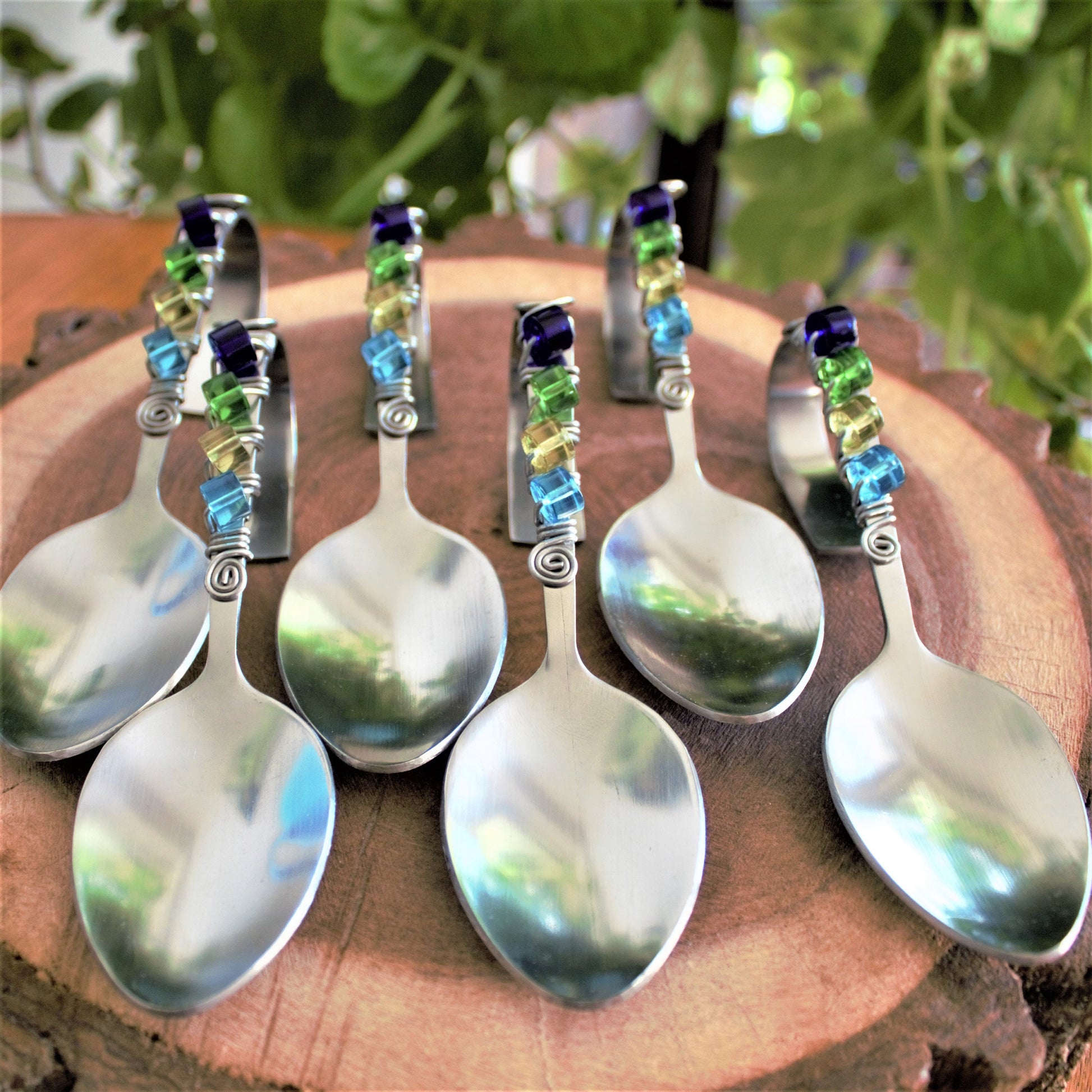 Beaded Appetizer Spoons: Lucite & Stainless Steel, Bent Hors d'oeuvres Spoons, Set of 6