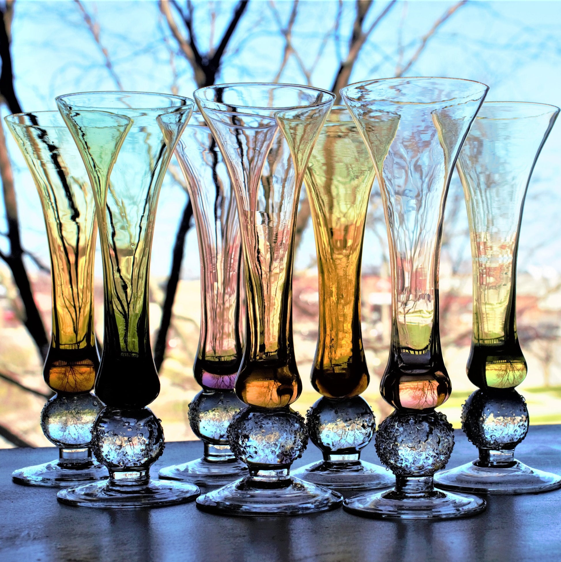 Hand Blown Bud Vases: Fused Glass with Ball Detail, Set of 7