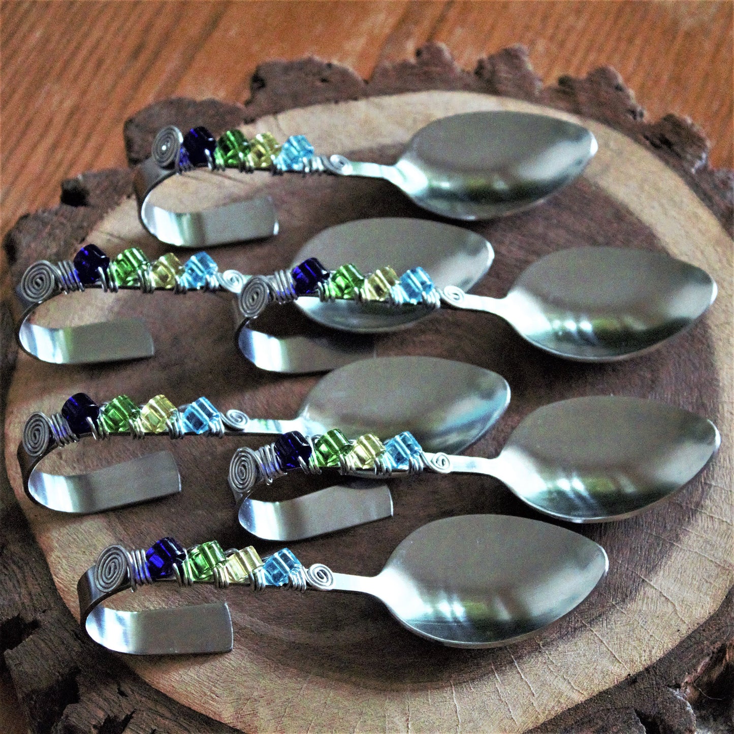 Beaded Appetizer Spoons: Lucite & Stainless Steel, Bent Hors d'oeuvres Spoons, Set of 6